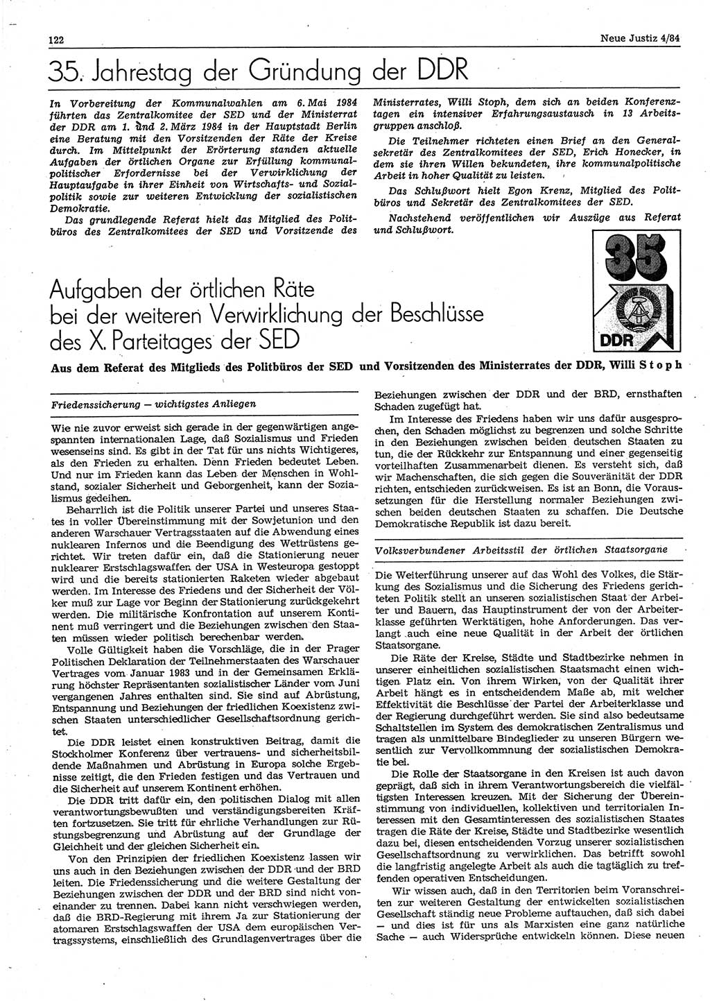 Neue Justiz (NJ), Zeitschrift für sozialistisches Recht und Gesetzlichkeit [Deutsche Demokratische Republik (DDR)], 38. Jahrgang 1984, Seite 122 (NJ DDR 1984, S. 122)