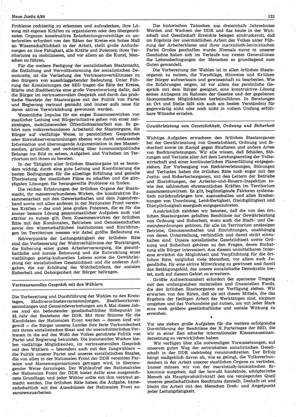 Neue Justiz (NJ), Zeitschrift für sozialistisches Recht und Gesetzlichkeit [Deutsche Demokratische Republik (DDR)], 38. Jahrgang 1984, Seite 123 (NJ DDR 1984, S. 123)