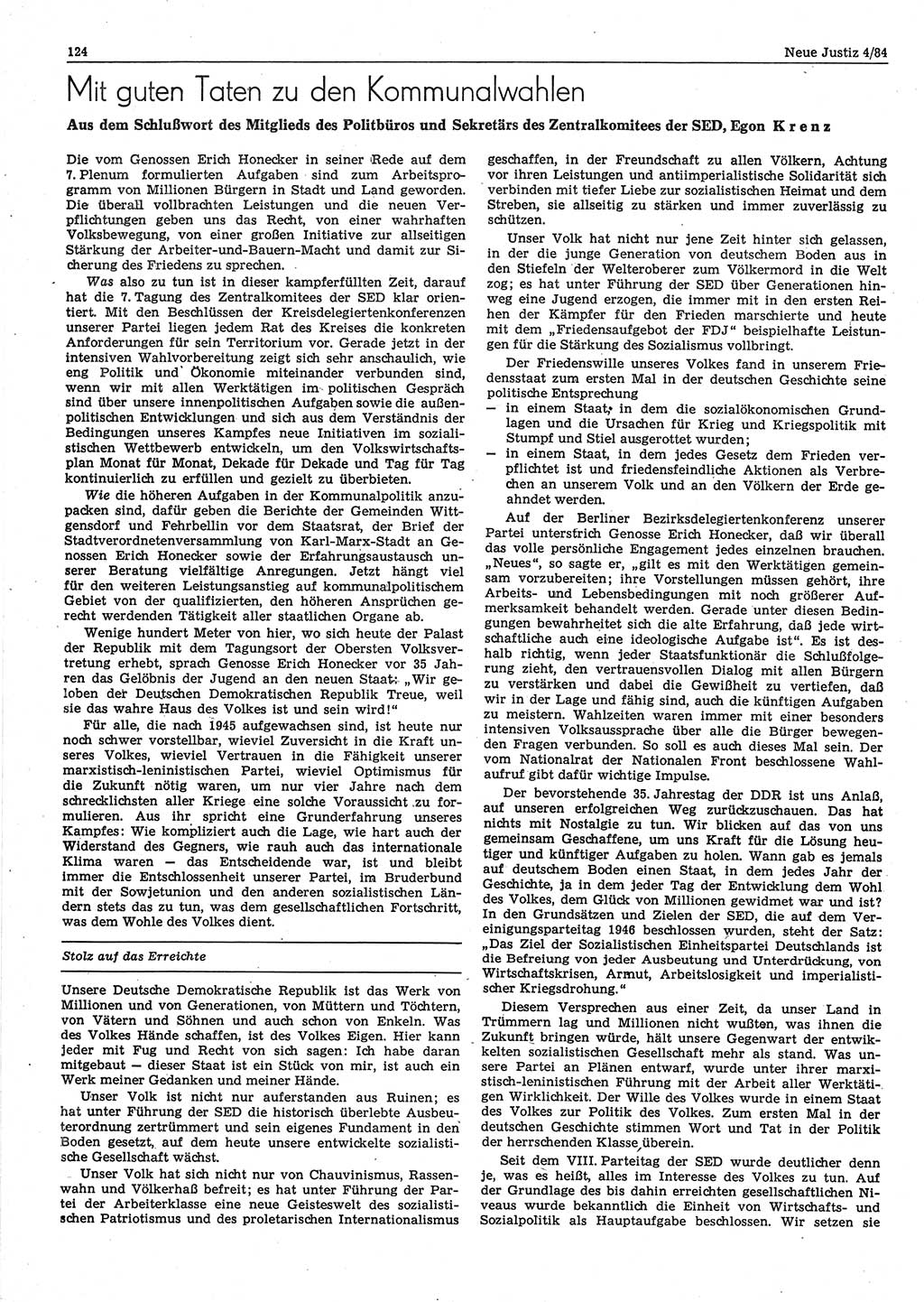 Neue Justiz (NJ), Zeitschrift für sozialistisches Recht und Gesetzlichkeit [Deutsche Demokratische Republik (DDR)], 38. Jahrgang 1984, Seite 124 (NJ DDR 1984, S. 124)