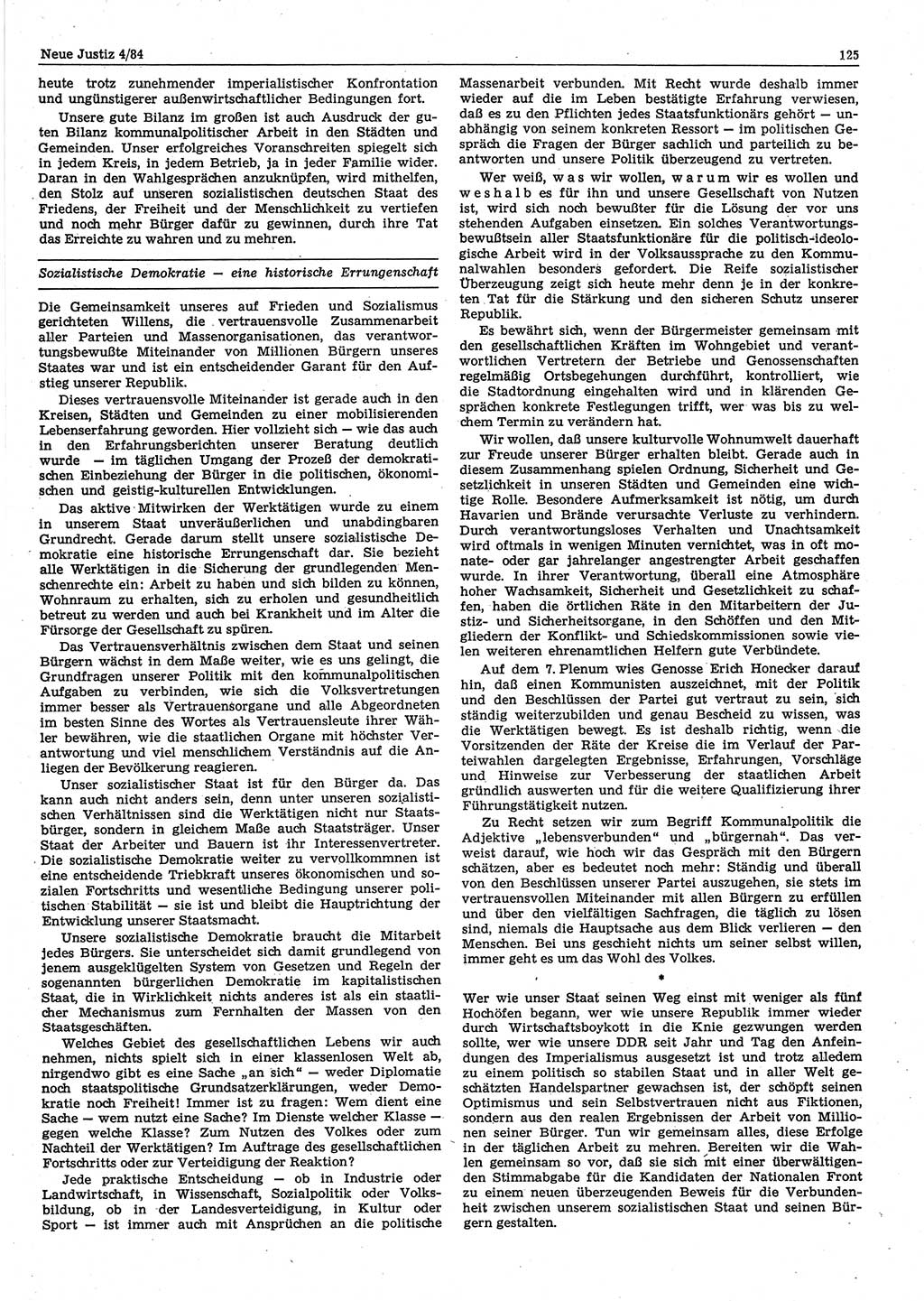 Neue Justiz (NJ), Zeitschrift für sozialistisches Recht und Gesetzlichkeit [Deutsche Demokratische Republik (DDR)], 38. Jahrgang 1984, Seite 125 (NJ DDR 1984, S. 125)