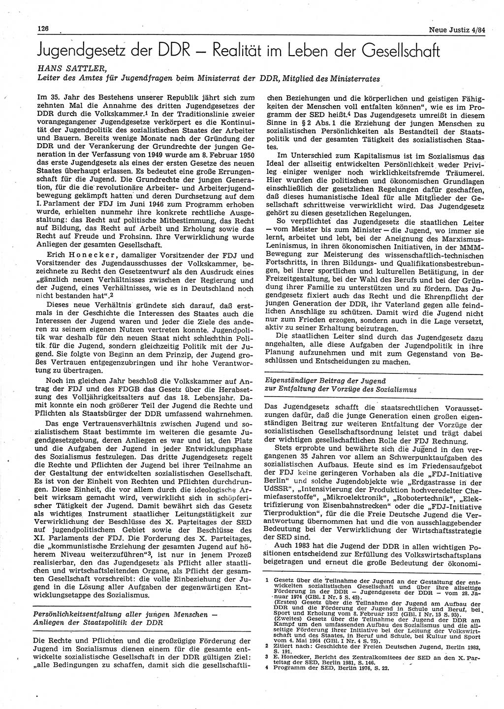 Neue Justiz (NJ), Zeitschrift für sozialistisches Recht und Gesetzlichkeit [Deutsche Demokratische Republik (DDR)], 38. Jahrgang 1984, Seite 126 (NJ DDR 1984, S. 126)