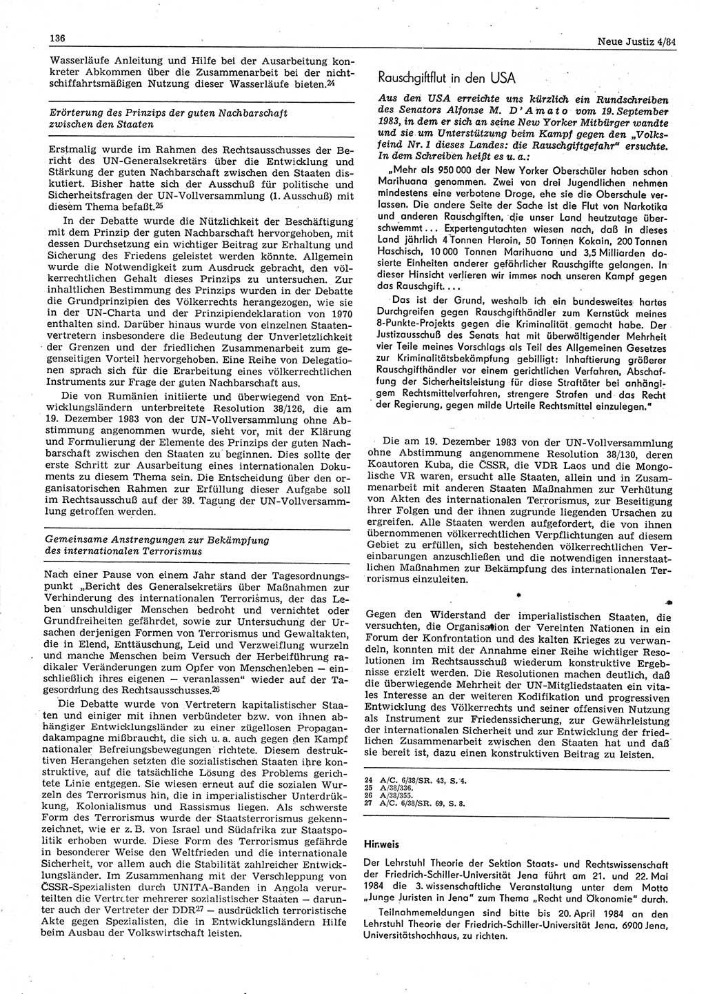 Neue Justiz (NJ), Zeitschrift für sozialistisches Recht und Gesetzlichkeit [Deutsche Demokratische Republik (DDR)], 38. Jahrgang 1984, Seite 136 (NJ DDR 1984, S. 136)