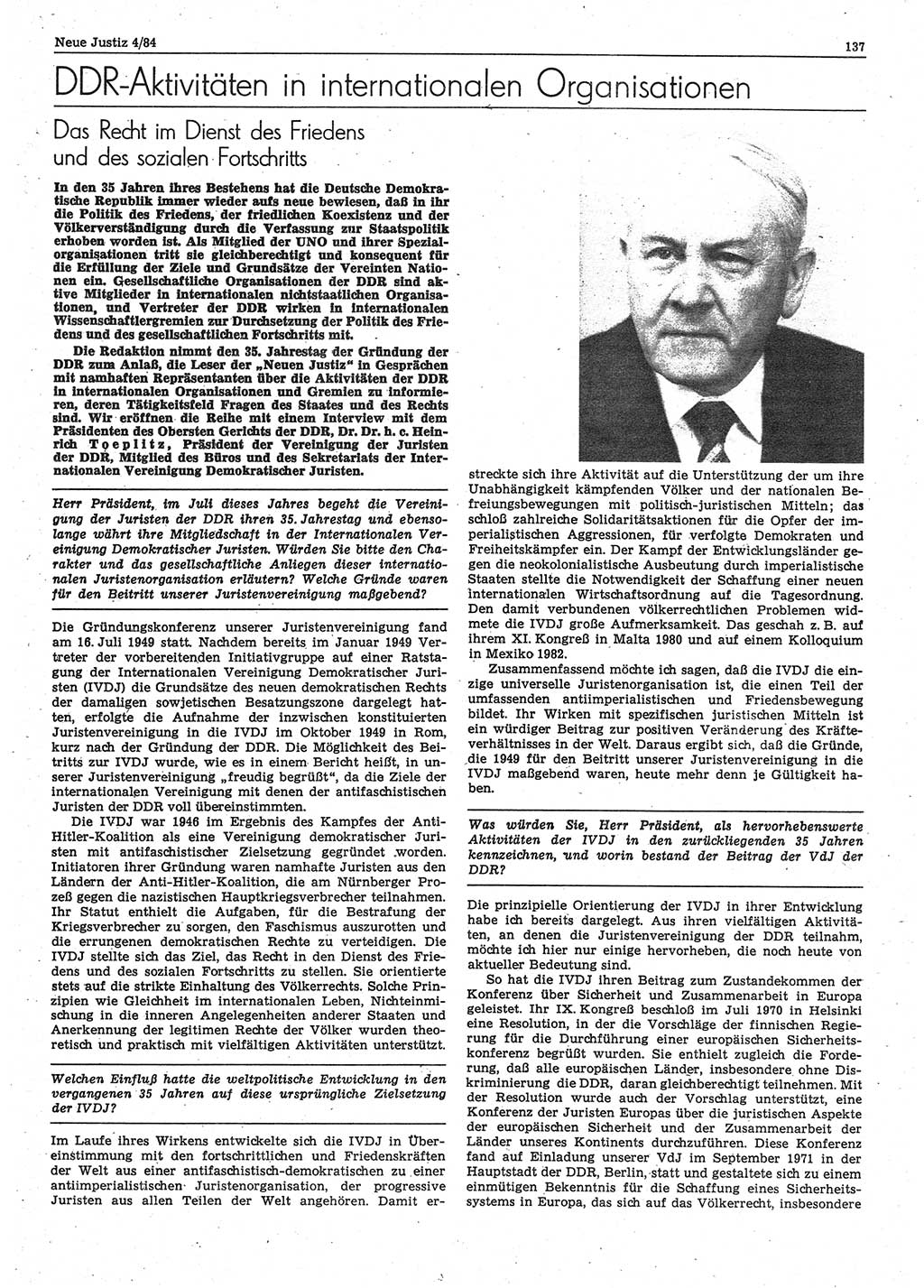 Neue Justiz (NJ), Zeitschrift für sozialistisches Recht und Gesetzlichkeit [Deutsche Demokratische Republik (DDR)], 38. Jahrgang 1984, Seite 137 (NJ DDR 1984, S. 137)