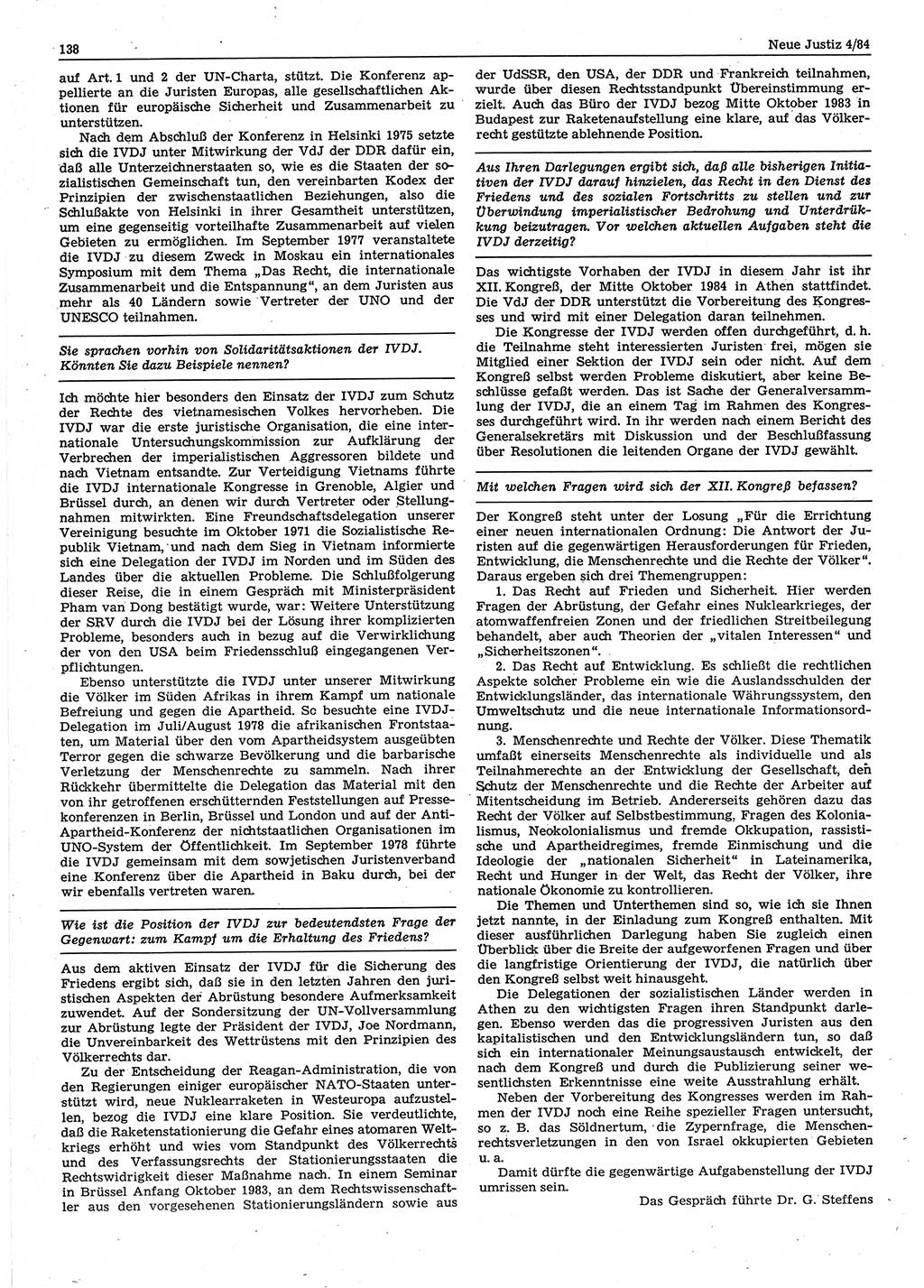 Neue Justiz (NJ), Zeitschrift für sozialistisches Recht und Gesetzlichkeit [Deutsche Demokratische Republik (DDR)], 38. Jahrgang 1984, Seite 138 (NJ DDR 1984, S. 138)