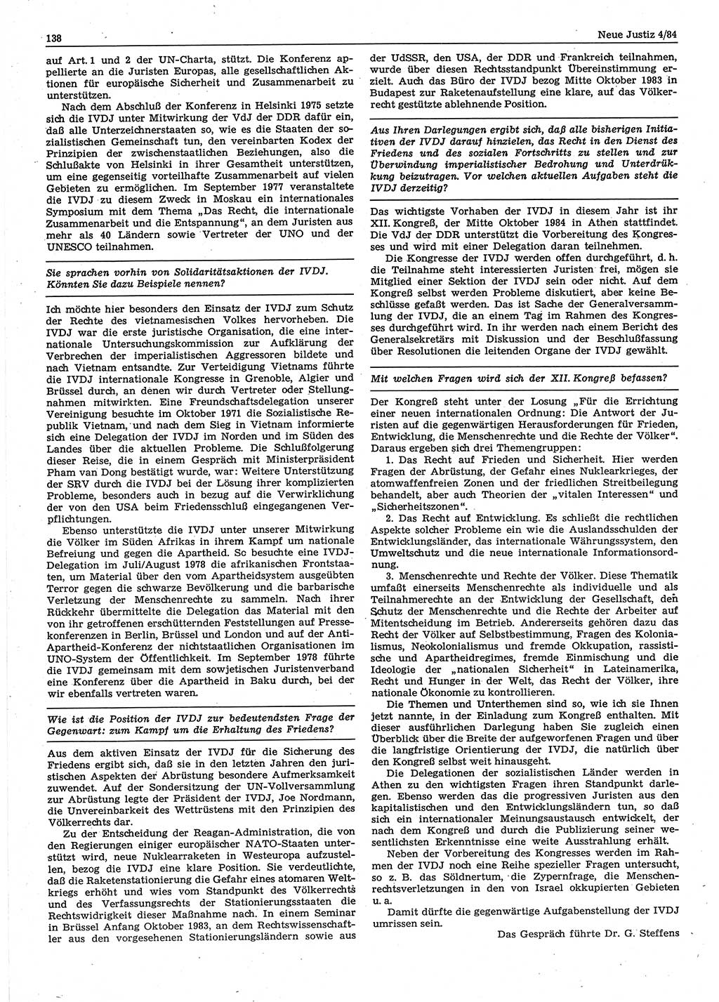 Neue Justiz (NJ), Zeitschrift für sozialistisches Recht und Gesetzlichkeit [Deutsche Demokratische Republik (DDR)], 38. Jahrgang 1984, Seite 138 (NJ DDR 1984, S. 138)