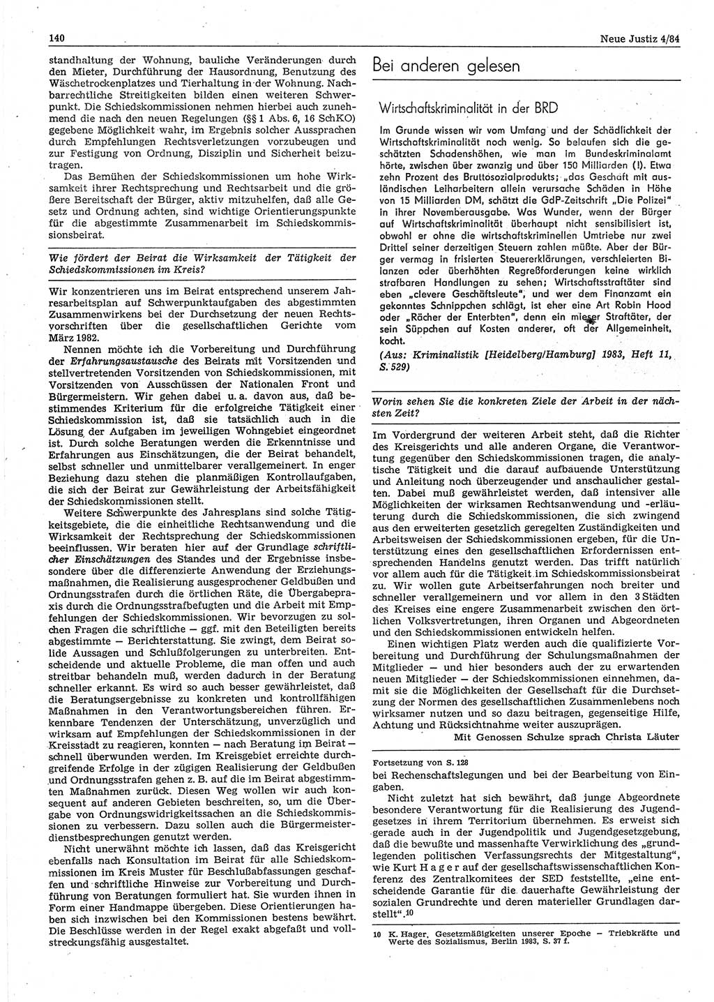 Neue Justiz (NJ), Zeitschrift für sozialistisches Recht und Gesetzlichkeit [Deutsche Demokratische Republik (DDR)], 38. Jahrgang 1984, Seite 140 (NJ DDR 1984, S. 140)
