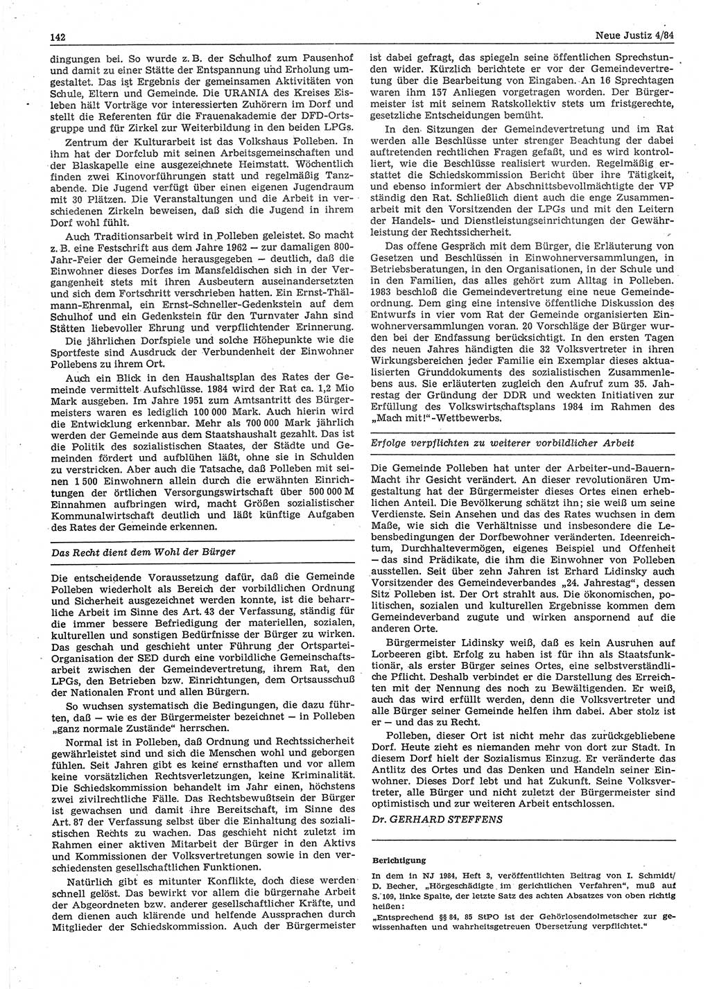 Neue Justiz (NJ), Zeitschrift für sozialistisches Recht und Gesetzlichkeit [Deutsche Demokratische Republik (DDR)], 38. Jahrgang 1984, Seite 142 (NJ DDR 1984, S. 142)