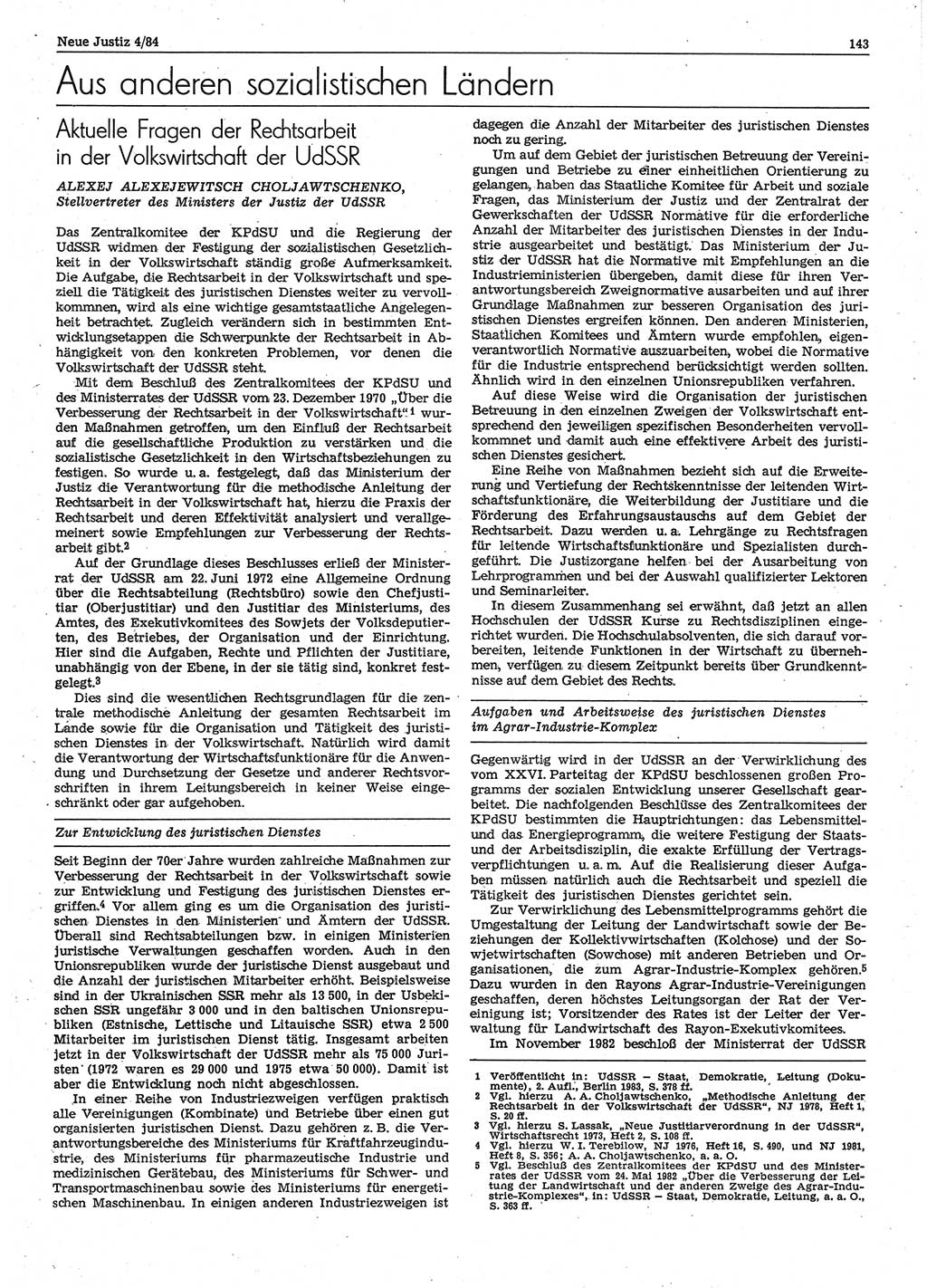 Neue Justiz (NJ), Zeitschrift für sozialistisches Recht und Gesetzlichkeit [Deutsche Demokratische Republik (DDR)], 38. Jahrgang 1984, Seite 143 (NJ DDR 1984, S. 143)