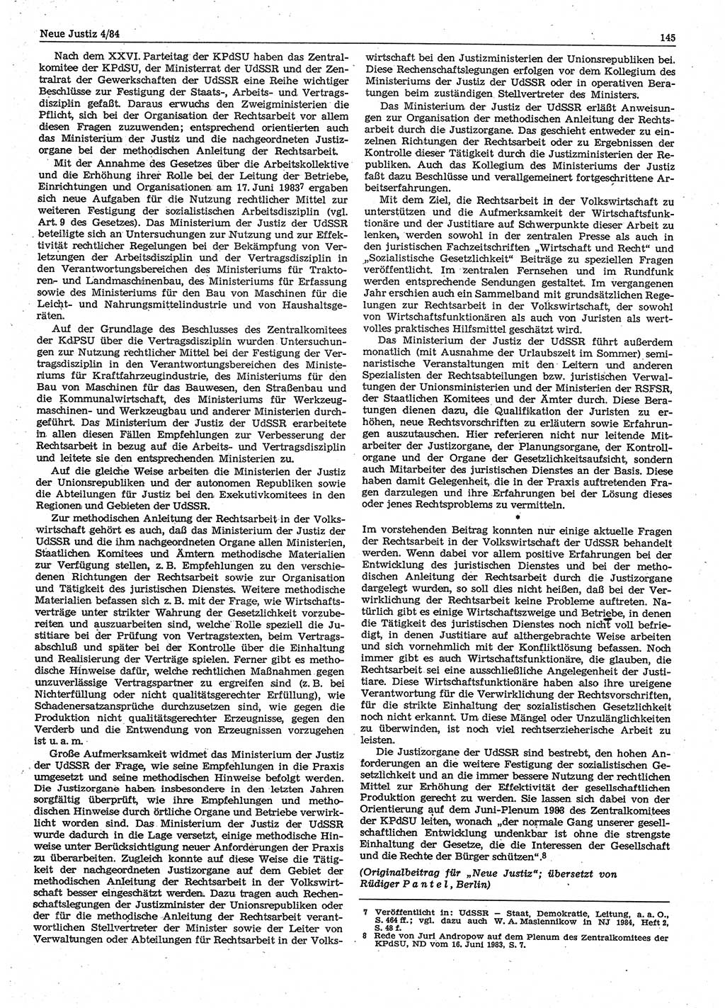 Neue Justiz (NJ), Zeitschrift für sozialistisches Recht und Gesetzlichkeit [Deutsche Demokratische Republik (DDR)], 38. Jahrgang 1984, Seite 145 (NJ DDR 1984, S. 145)