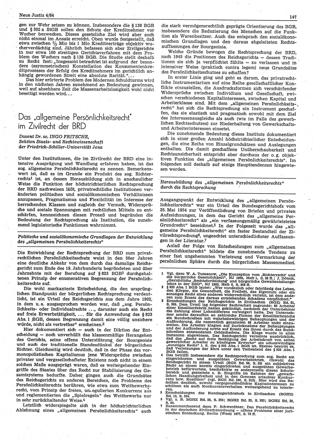 Neue Justiz (NJ), Zeitschrift für sozialistisches Recht und Gesetzlichkeit [Deutsche Demokratische Republik (DDR)], 38. Jahrgang 1984, Seite 147 (NJ DDR 1984, S. 147)