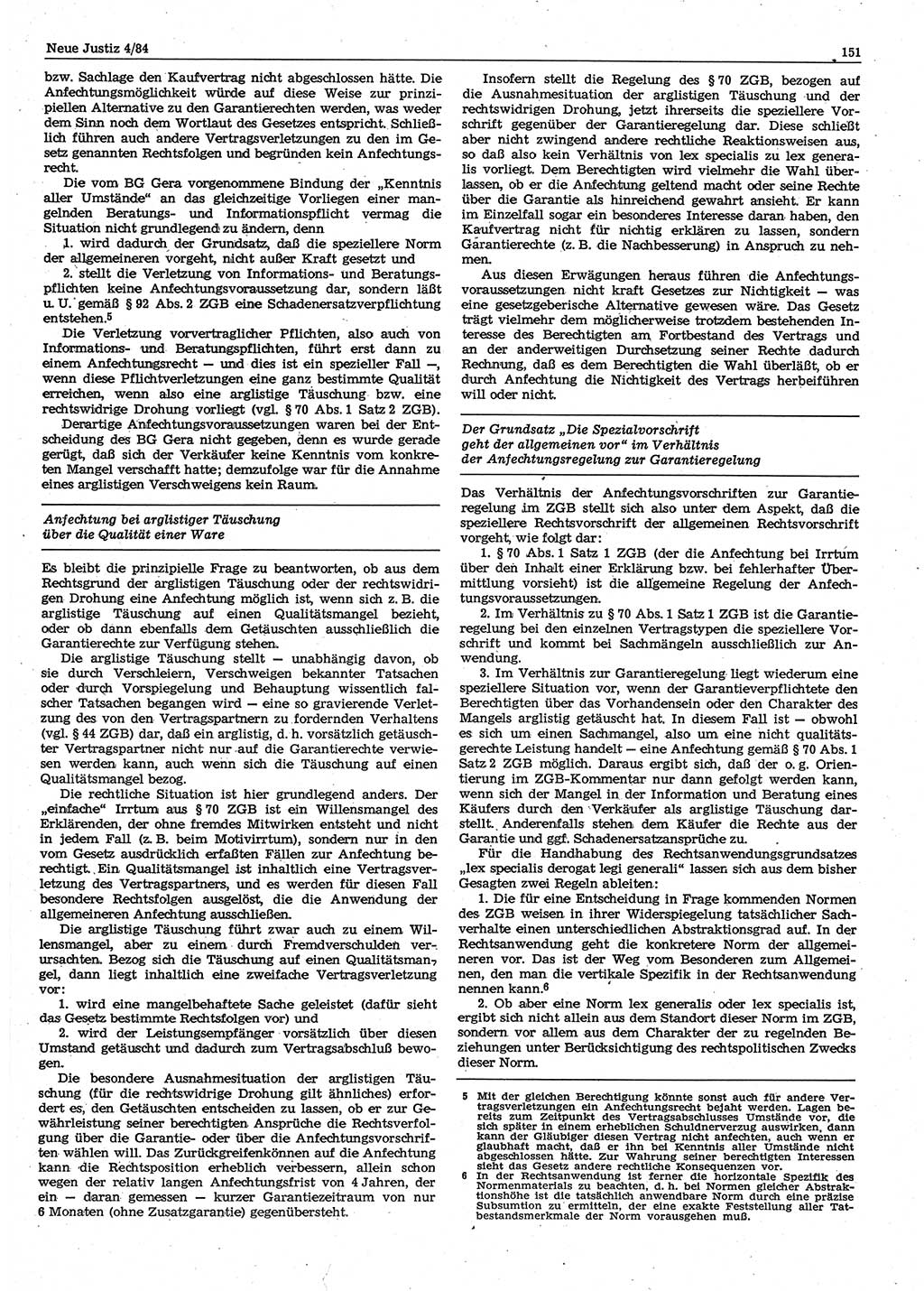 Neue Justiz (NJ), Zeitschrift für sozialistisches Recht und Gesetzlichkeit [Deutsche Demokratische Republik (DDR)], 38. Jahrgang 1984, Seite 151 (NJ DDR 1984, S. 151)