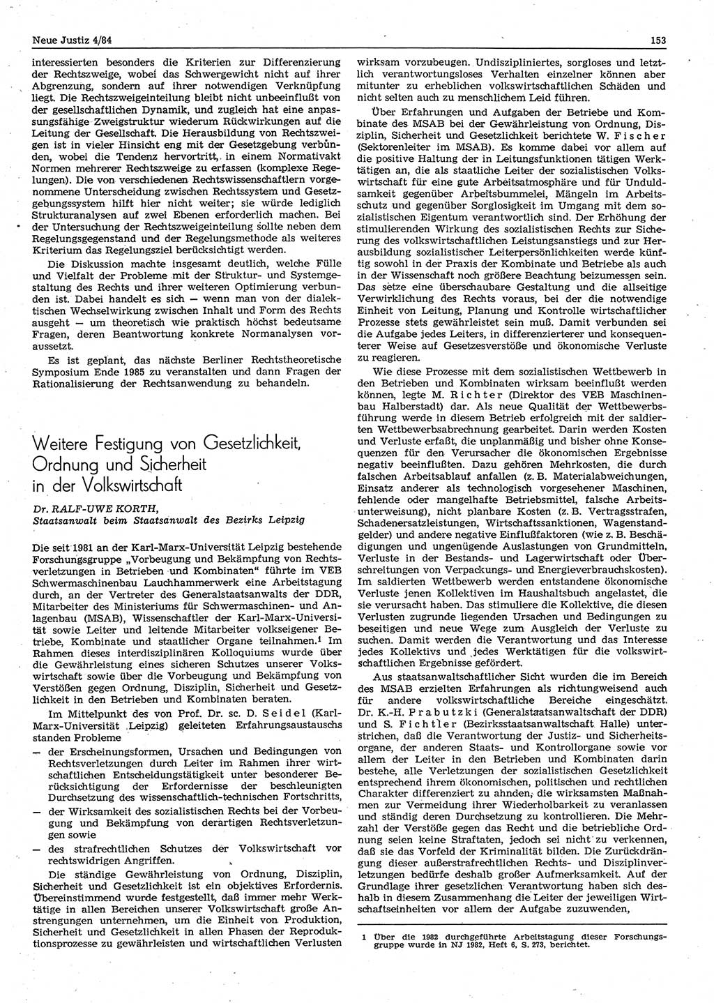 Neue Justiz (NJ), Zeitschrift für sozialistisches Recht und Gesetzlichkeit [Deutsche Demokratische Republik (DDR)], 38. Jahrgang 1984, Seite 153 (NJ DDR 1984, S. 153)