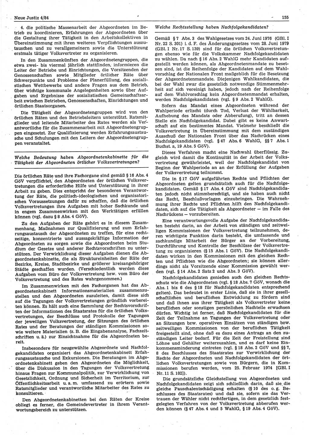 Neue Justiz (NJ), Zeitschrift für sozialistisches Recht und Gesetzlichkeit [Deutsche Demokratische Republik (DDR)], 38. Jahrgang 1984, Seite 155 (NJ DDR 1984, S. 155)