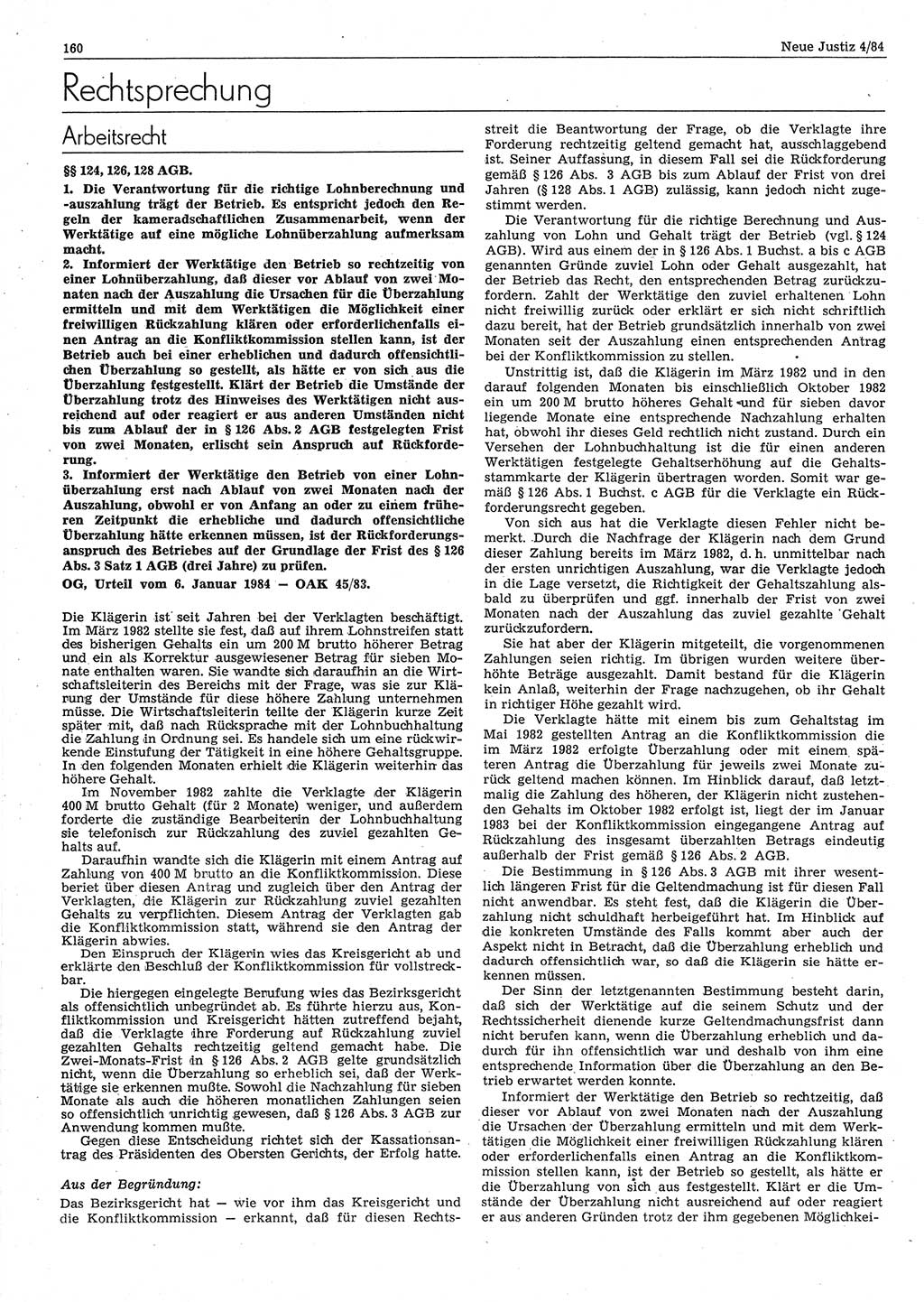 Neue Justiz (NJ), Zeitschrift für sozialistisches Recht und Gesetzlichkeit [Deutsche Demokratische Republik (DDR)], 38. Jahrgang 1984, Seite 160 (NJ DDR 1984, S. 160)