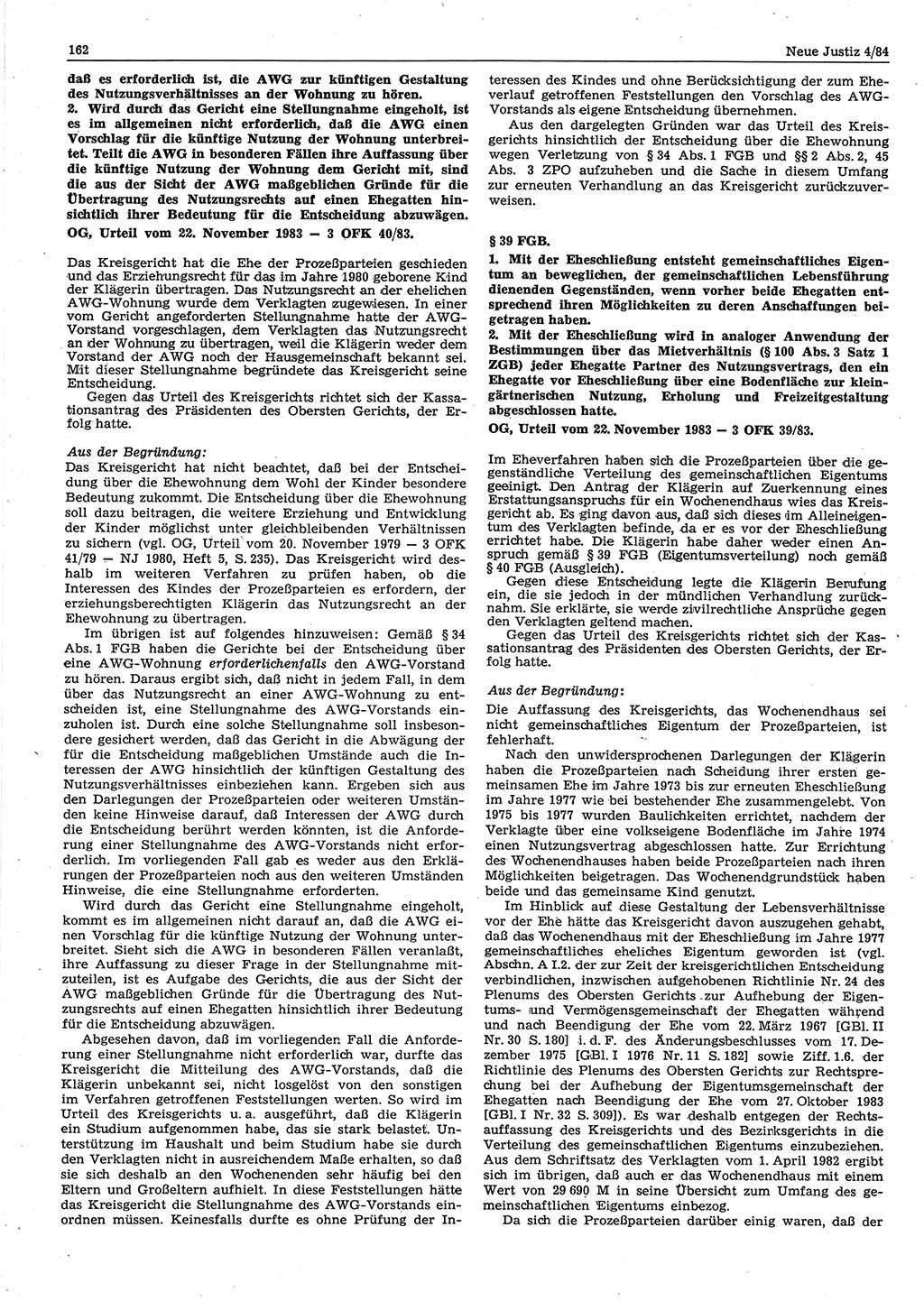 Neue Justiz (NJ), Zeitschrift für sozialistisches Recht und Gesetzlichkeit [Deutsche Demokratische Republik (DDR)], 38. Jahrgang 1984, Seite 162 (NJ DDR 1984, S. 162)