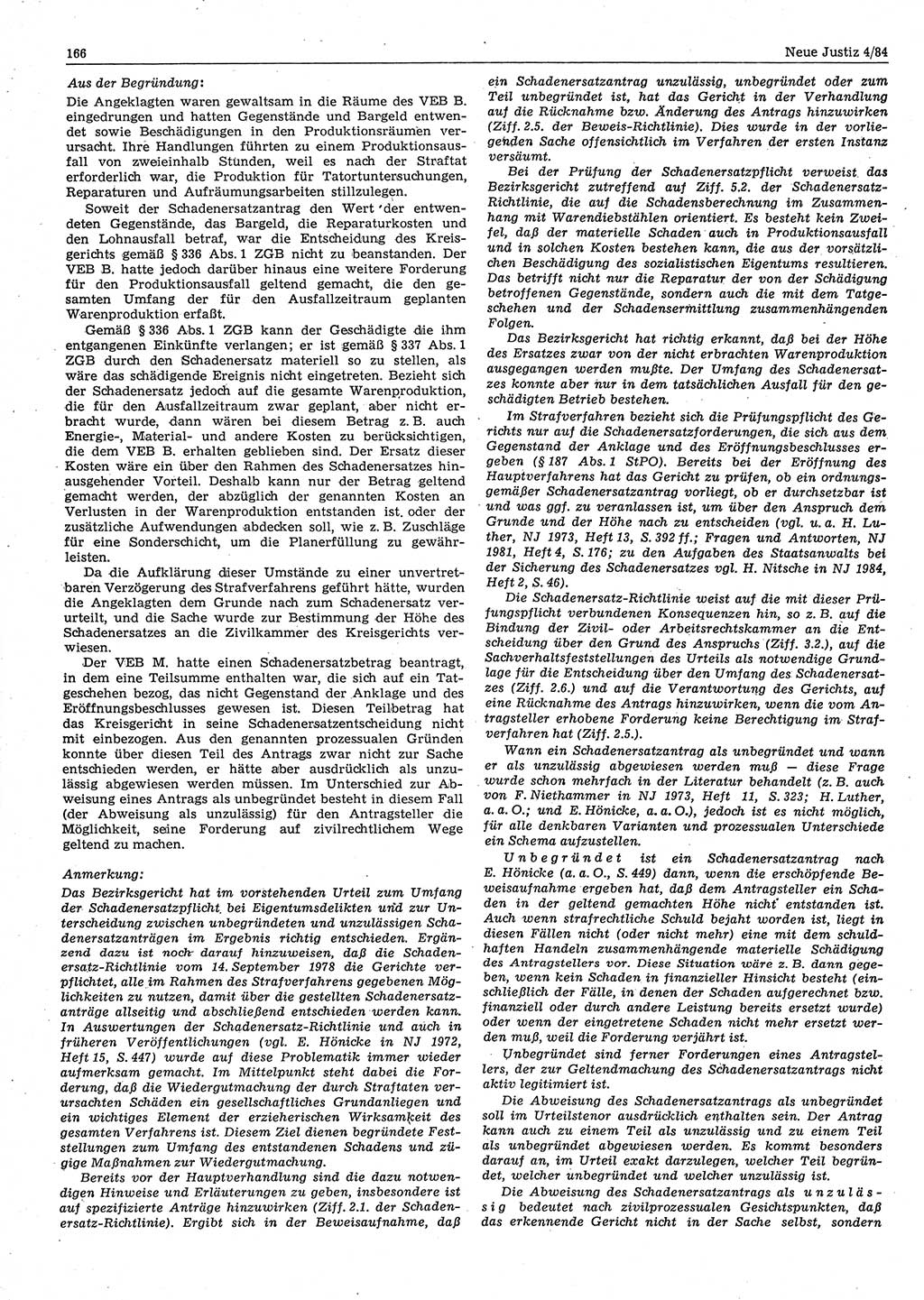 Neue Justiz (NJ), Zeitschrift für sozialistisches Recht und Gesetzlichkeit [Deutsche Demokratische Republik (DDR)], 38. Jahrgang 1984, Seite 166 (NJ DDR 1984, S. 166)