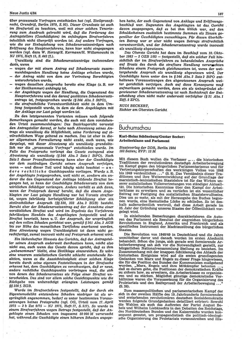 Neue Justiz (NJ), Zeitschrift für sozialistisches Recht und Gesetzlichkeit [Deutsche Demokratische Republik (DDR)], 38. Jahrgang 1984, Seite 167 (NJ DDR 1984, S. 167)