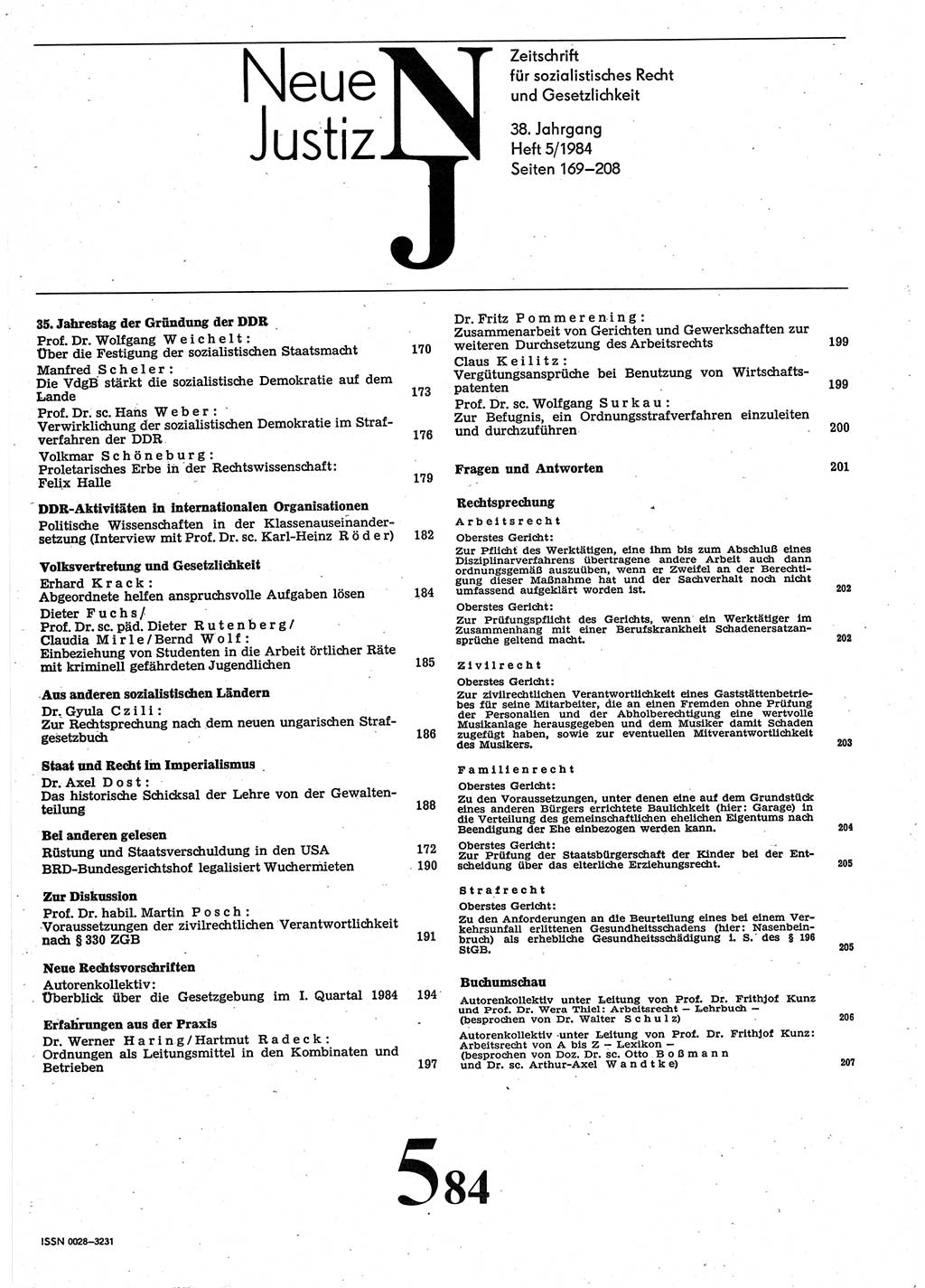 Neue Justiz (NJ), Zeitschrift für sozialistisches Recht und Gesetzlichkeit [Deutsche Demokratische Republik (DDR)], 38. Jahrgang 1984, Seite 169 (NJ DDR 1984, S. 169)