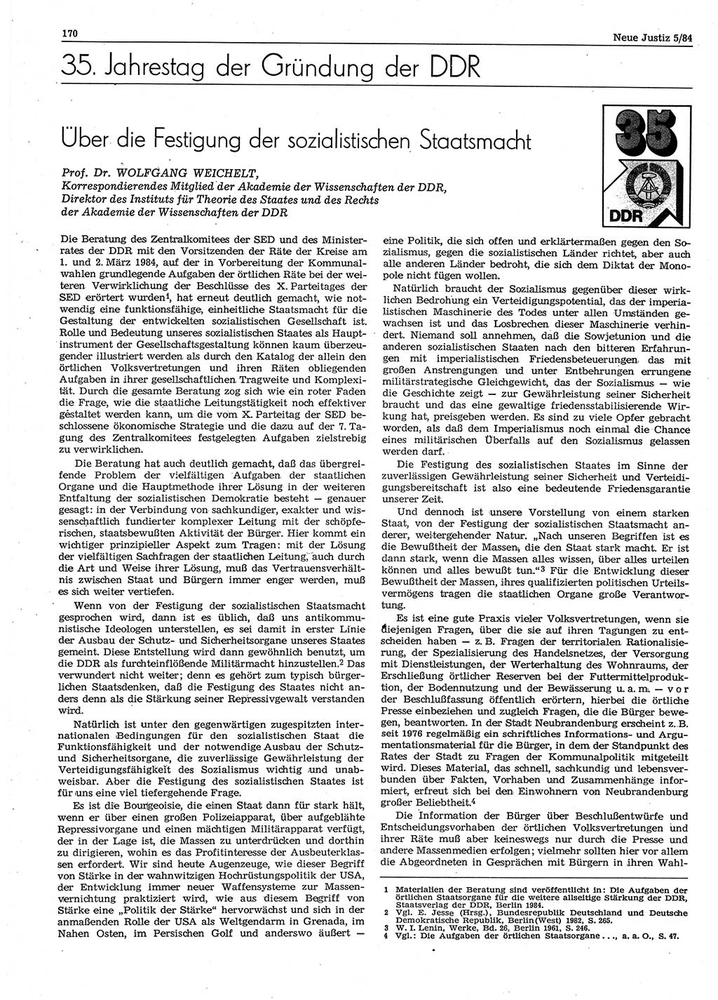Neue Justiz (NJ), Zeitschrift für sozialistisches Recht und Gesetzlichkeit [Deutsche Demokratische Republik (DDR)], 38. Jahrgang 1984, Seite 170 (NJ DDR 1984, S. 170)