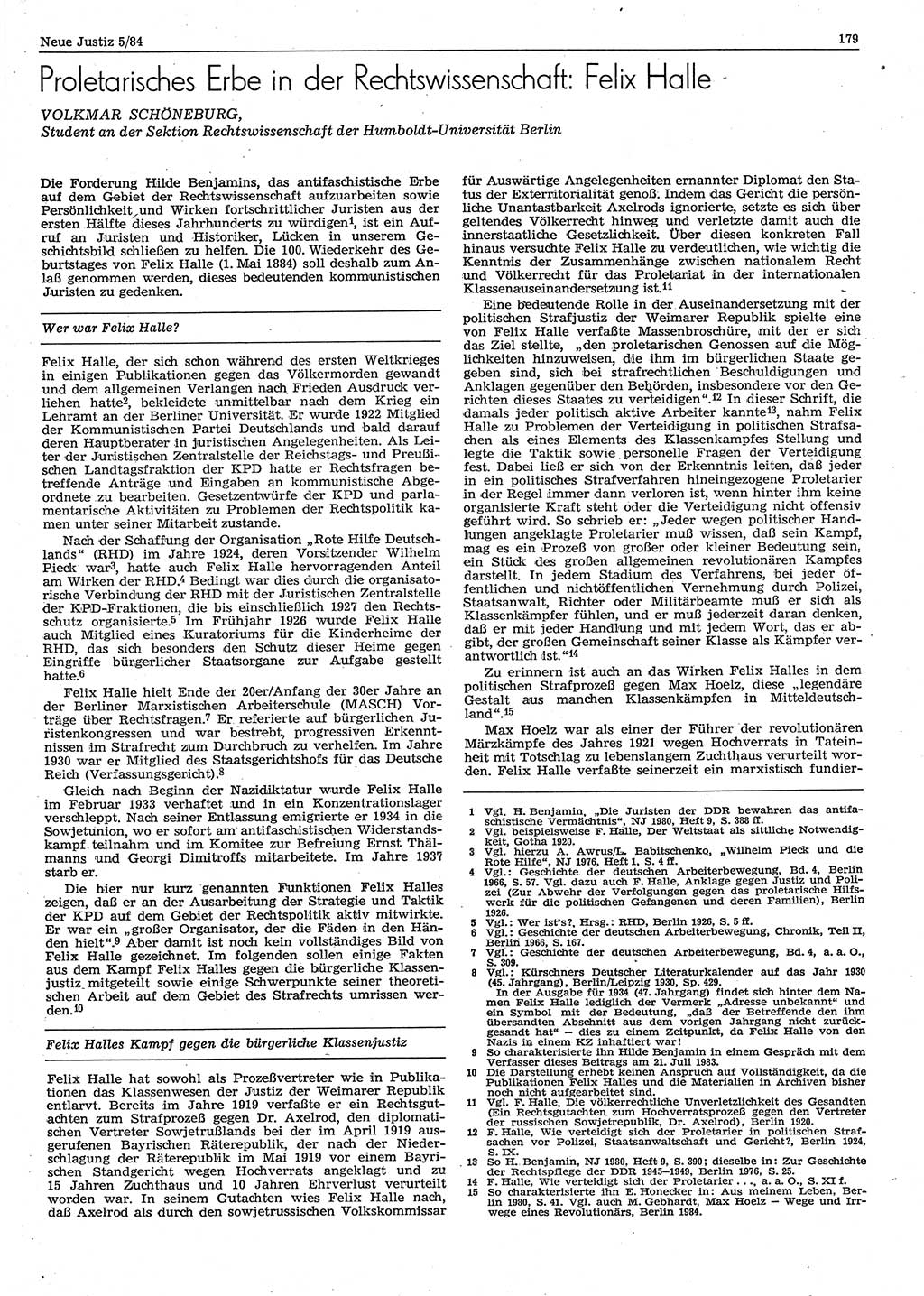 Neue Justiz (NJ), Zeitschrift für sozialistisches Recht und Gesetzlichkeit [Deutsche Demokratische Republik (DDR)], 38. Jahrgang 1984, Seite 179 (NJ DDR 1984, S. 179)
