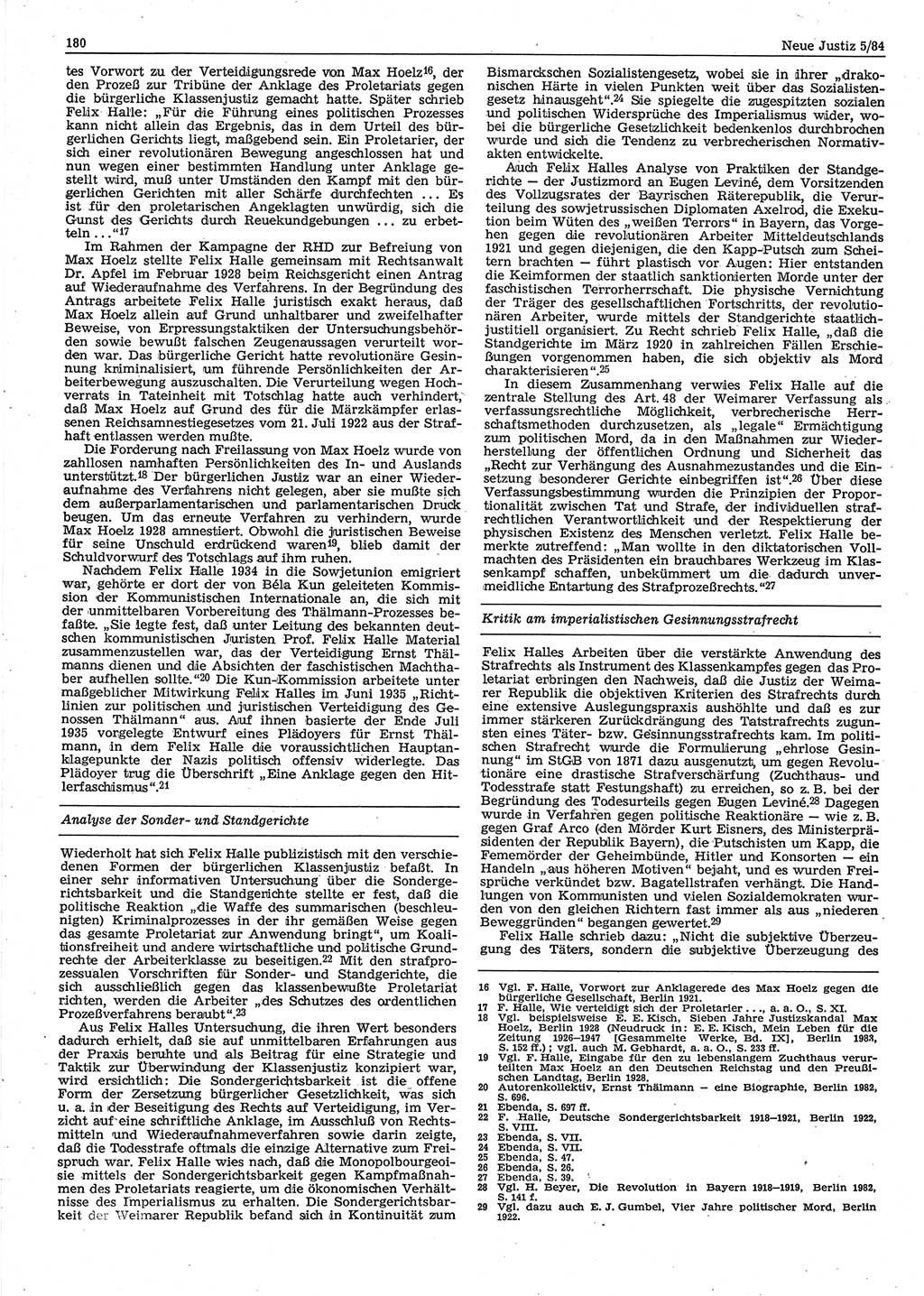 Neue Justiz (NJ), Zeitschrift für sozialistisches Recht und Gesetzlichkeit [Deutsche Demokratische Republik (DDR)], 38. Jahrgang 1984, Seite 180 (NJ DDR 1984, S. 180)