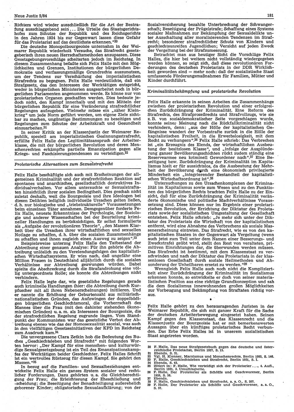 Neue Justiz (NJ), Zeitschrift für sozialistisches Recht und Gesetzlichkeit [Deutsche Demokratische Republik (DDR)], 38. Jahrgang 1984, Seite 181 (NJ DDR 1984, S. 181)