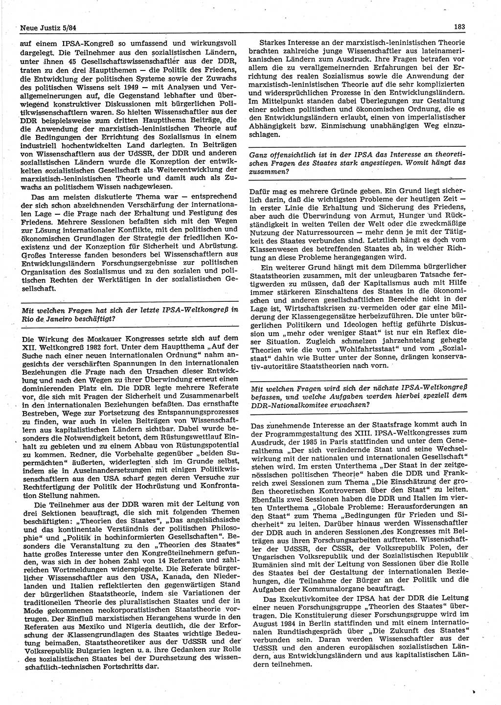 Neue Justiz (NJ), Zeitschrift für sozialistisches Recht und Gesetzlichkeit [Deutsche Demokratische Republik (DDR)], 38. Jahrgang 1984, Seite 183 (NJ DDR 1984, S. 183)