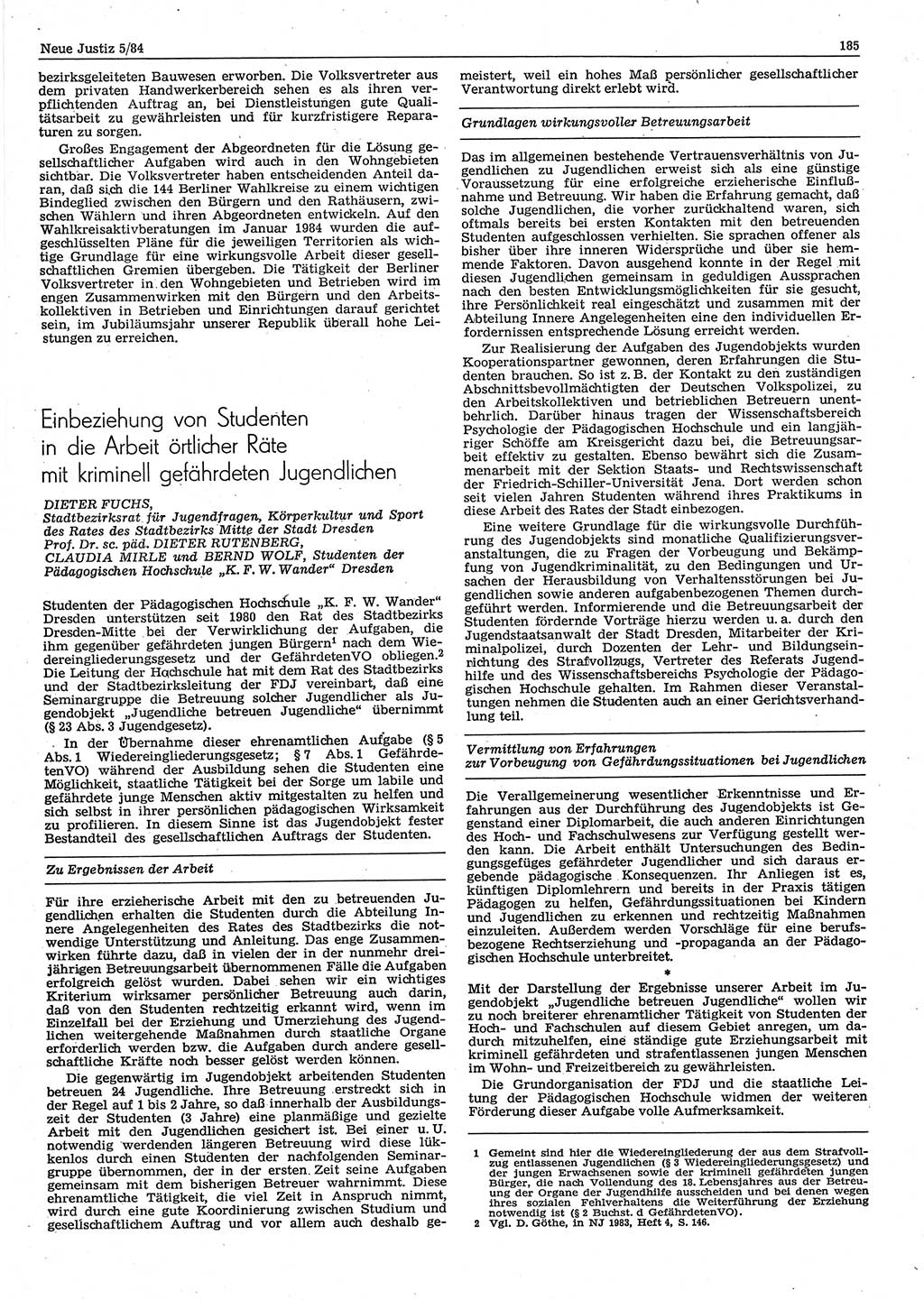 Neue Justiz (NJ), Zeitschrift für sozialistisches Recht und Gesetzlichkeit [Deutsche Demokratische Republik (DDR)], 38. Jahrgang 1984, Seite 185 (NJ DDR 1984, S. 185)