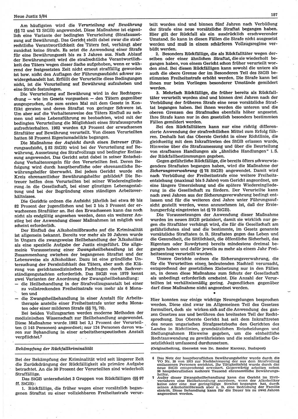 Neue Justiz (NJ), Zeitschrift für sozialistisches Recht und Gesetzlichkeit [Deutsche Demokratische Republik (DDR)], 38. Jahrgang 1984, Seite 187 (NJ DDR 1984, S. 187)