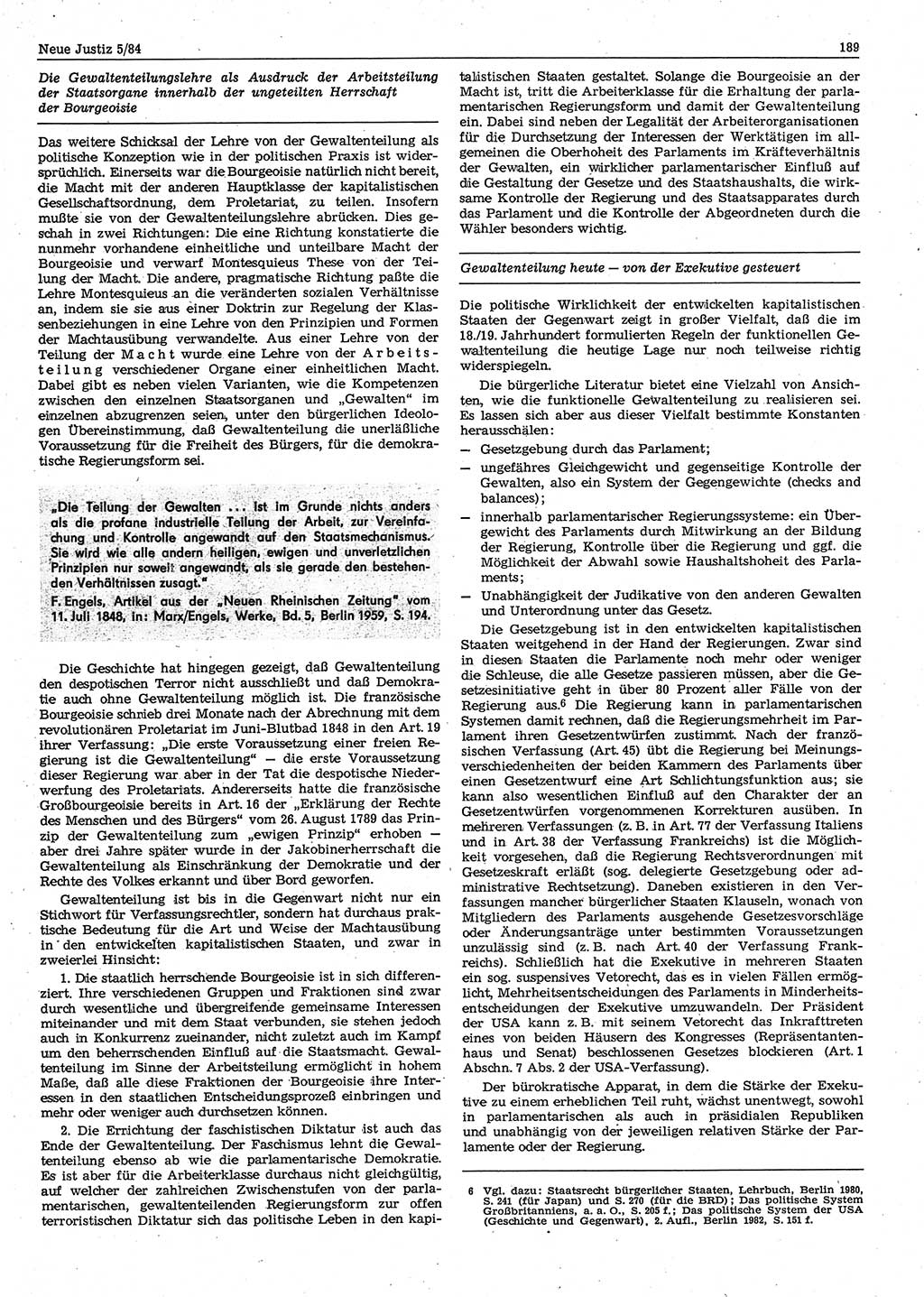 Neue Justiz (NJ), Zeitschrift für sozialistisches Recht und Gesetzlichkeit [Deutsche Demokratische Republik (DDR)], 38. Jahrgang 1984, Seite 189 (NJ DDR 1984, S. 189)