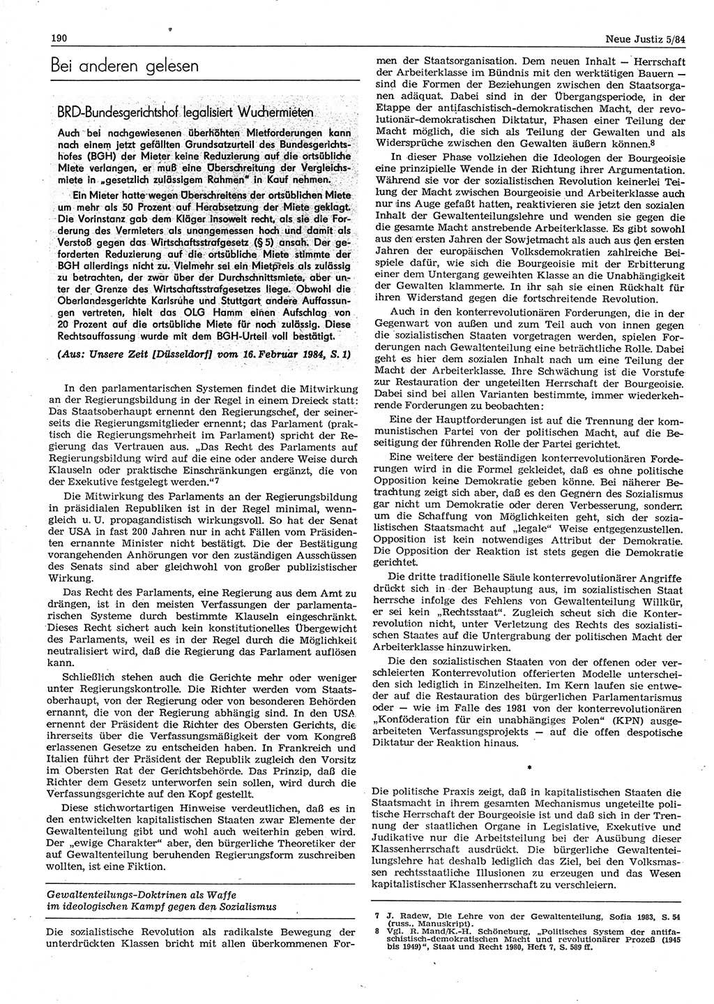 Neue Justiz (NJ), Zeitschrift für sozialistisches Recht und Gesetzlichkeit [Deutsche Demokratische Republik (DDR)], 38. Jahrgang 1984, Seite 190 (NJ DDR 1984, S. 190)