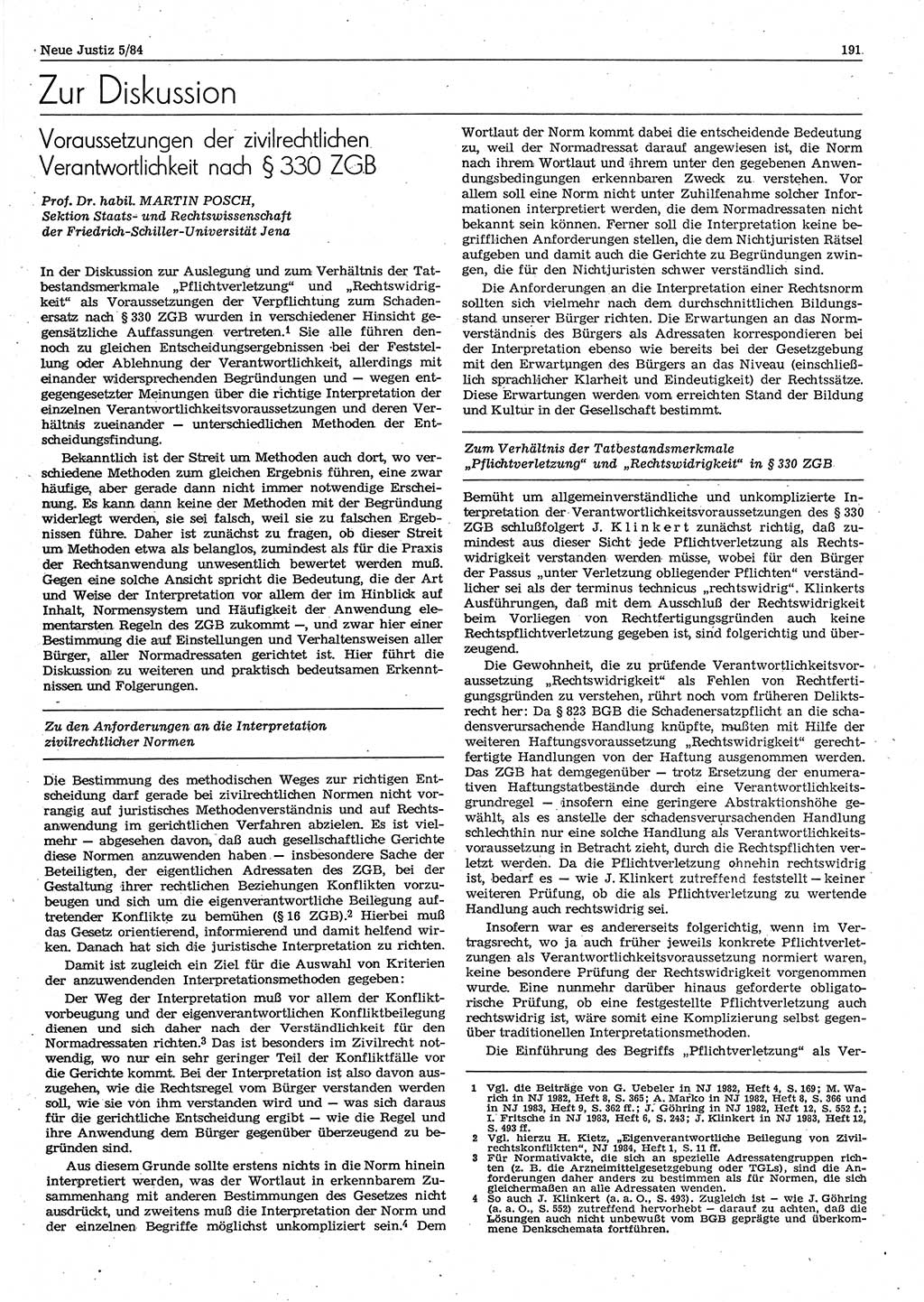 Neue Justiz (NJ), Zeitschrift für sozialistisches Recht und Gesetzlichkeit [Deutsche Demokratische Republik (DDR)], 38. Jahrgang 1984, Seite 191 (NJ DDR 1984, S. 191)