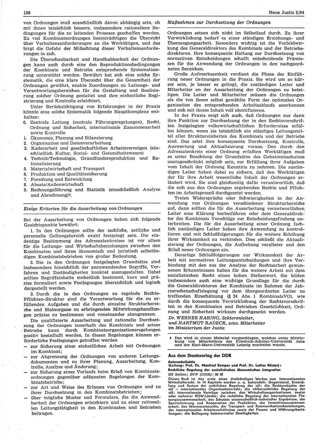 Neue Justiz (NJ), Zeitschrift für sozialistisches Recht und Gesetzlichkeit [Deutsche Demokratische Republik (DDR)], 38. Jahrgang 1984, Seite 198 (NJ DDR 1984, S. 198)