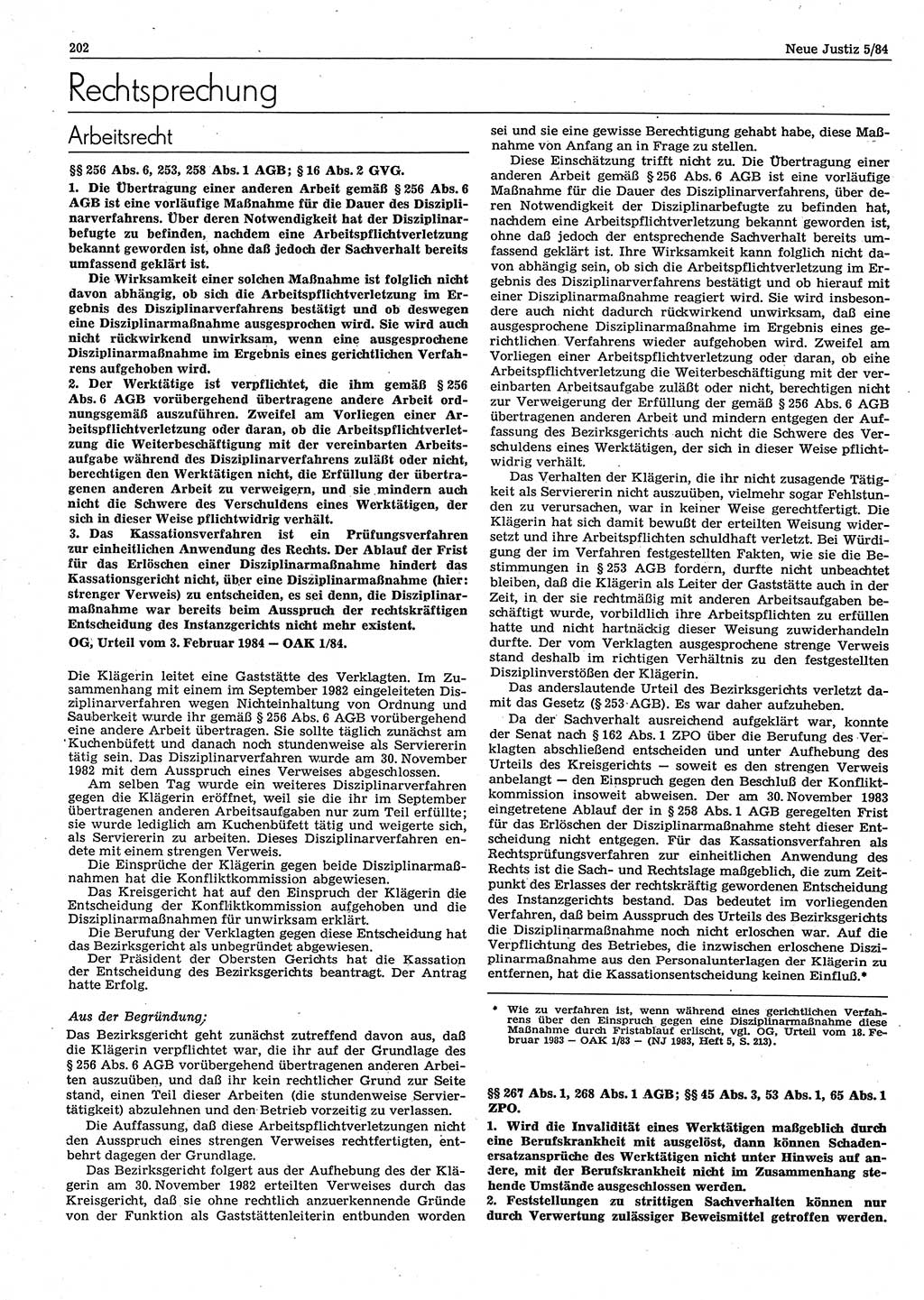 Neue Justiz (NJ), Zeitschrift für sozialistisches Recht und Gesetzlichkeit [Deutsche Demokratische Republik (DDR)], 38. Jahrgang 1984, Seite 202 (NJ DDR 1984, S. 202)