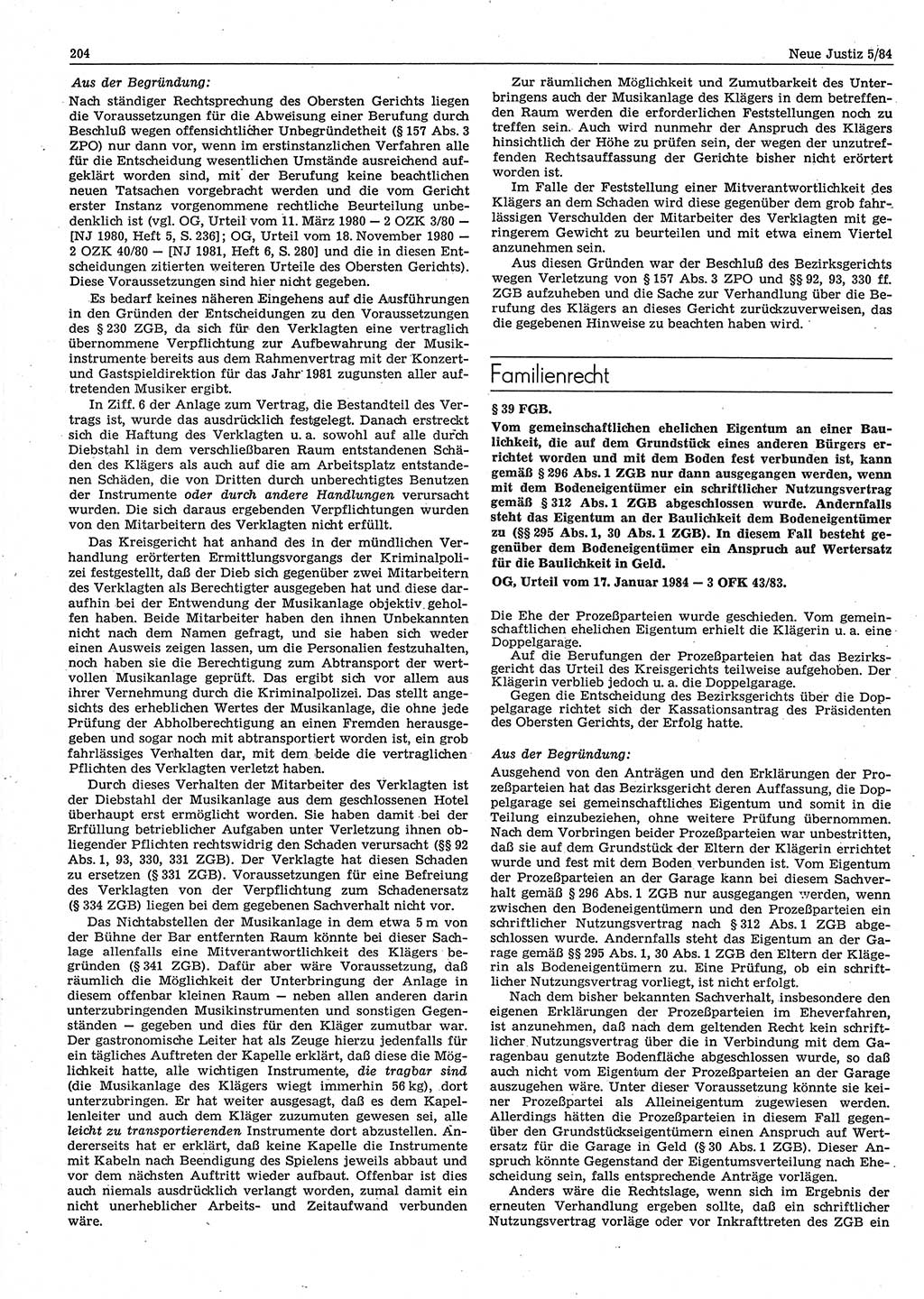 Neue Justiz (NJ), Zeitschrift für sozialistisches Recht und Gesetzlichkeit [Deutsche Demokratische Republik (DDR)], 38. Jahrgang 1984, Seite 204 (NJ DDR 1984, S. 204)