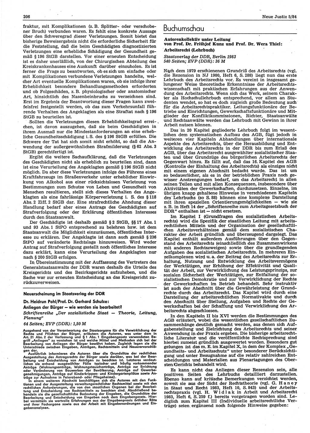 Neue Justiz (NJ), Zeitschrift für sozialistisches Recht und Gesetzlichkeit [Deutsche Demokratische Republik (DDR)], 38. Jahrgang 1984, Seite 206 (NJ DDR 1984, S. 206)