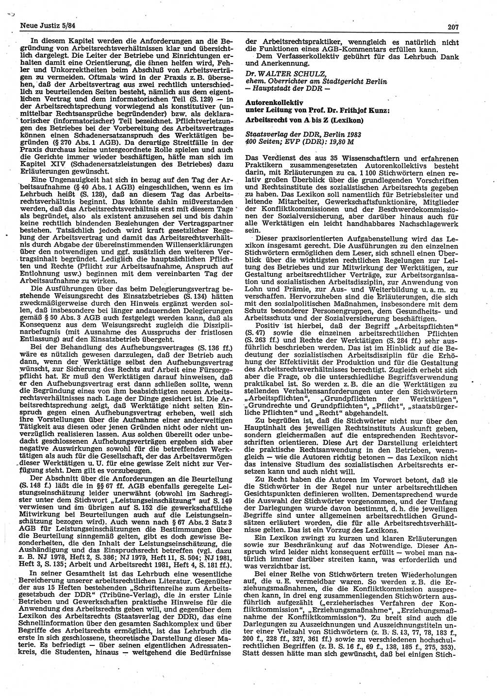 Neue Justiz (NJ), Zeitschrift für sozialistisches Recht und Gesetzlichkeit [Deutsche Demokratische Republik (DDR)], 38. Jahrgang 1984, Seite 207 (NJ DDR 1984, S. 207)