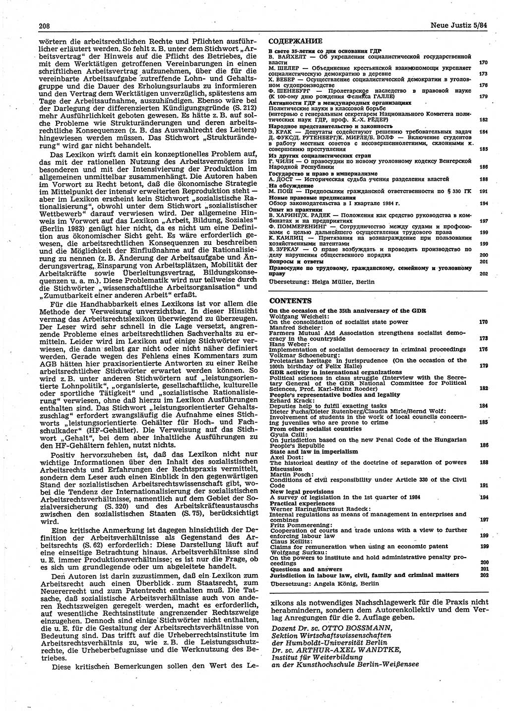 Neue Justiz (NJ), Zeitschrift für sozialistisches Recht und Gesetzlichkeit [Deutsche Demokratische Republik (DDR)], 38. Jahrgang 1984, Seite 208 (NJ DDR 1984, S. 208)