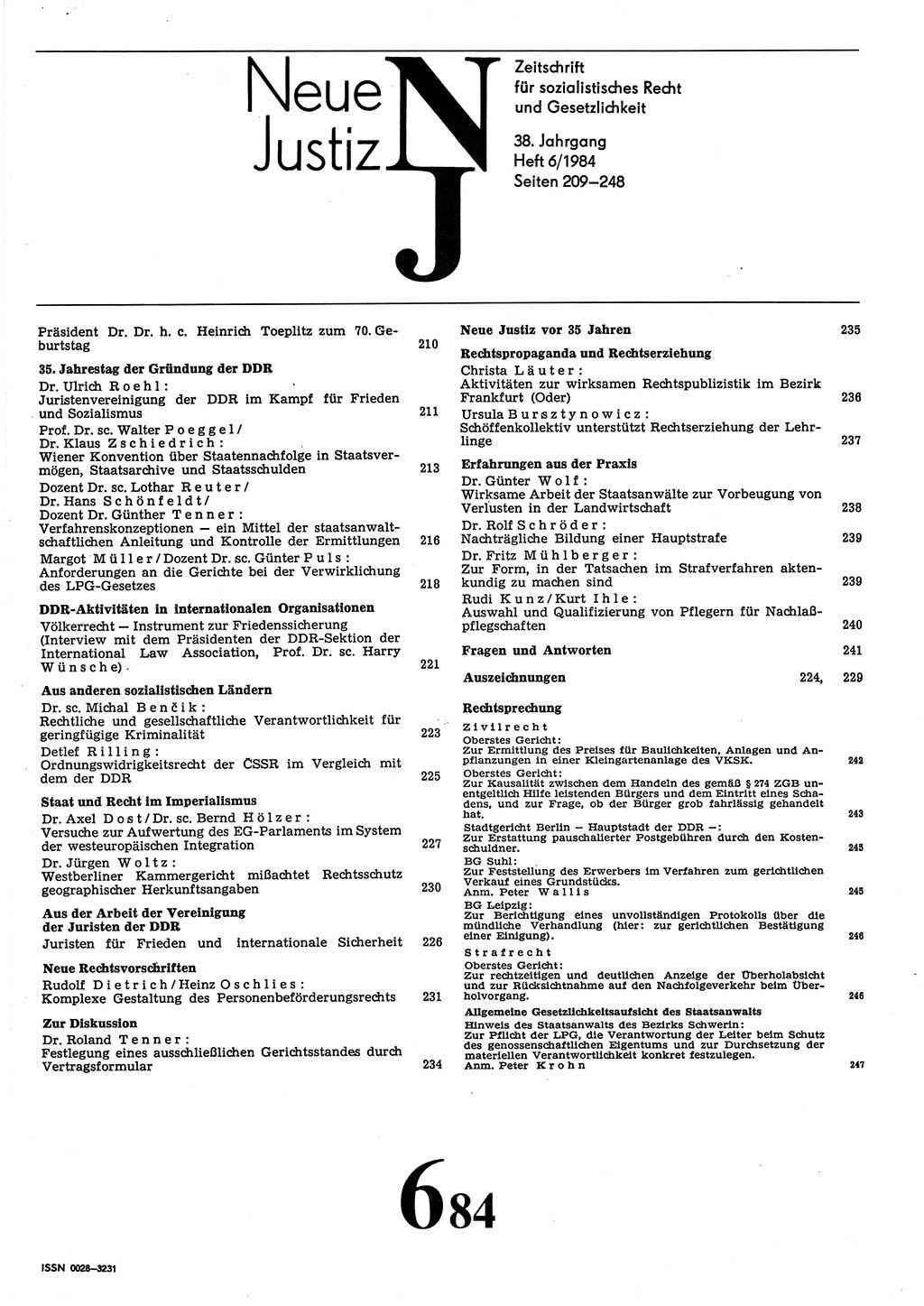 Neue Justiz (NJ), Zeitschrift für sozialistisches Recht und Gesetzlichkeit [Deutsche Demokratische Republik (DDR)], 38. Jahrgang 1984, Seite 209 (NJ DDR 1984, S. 209)