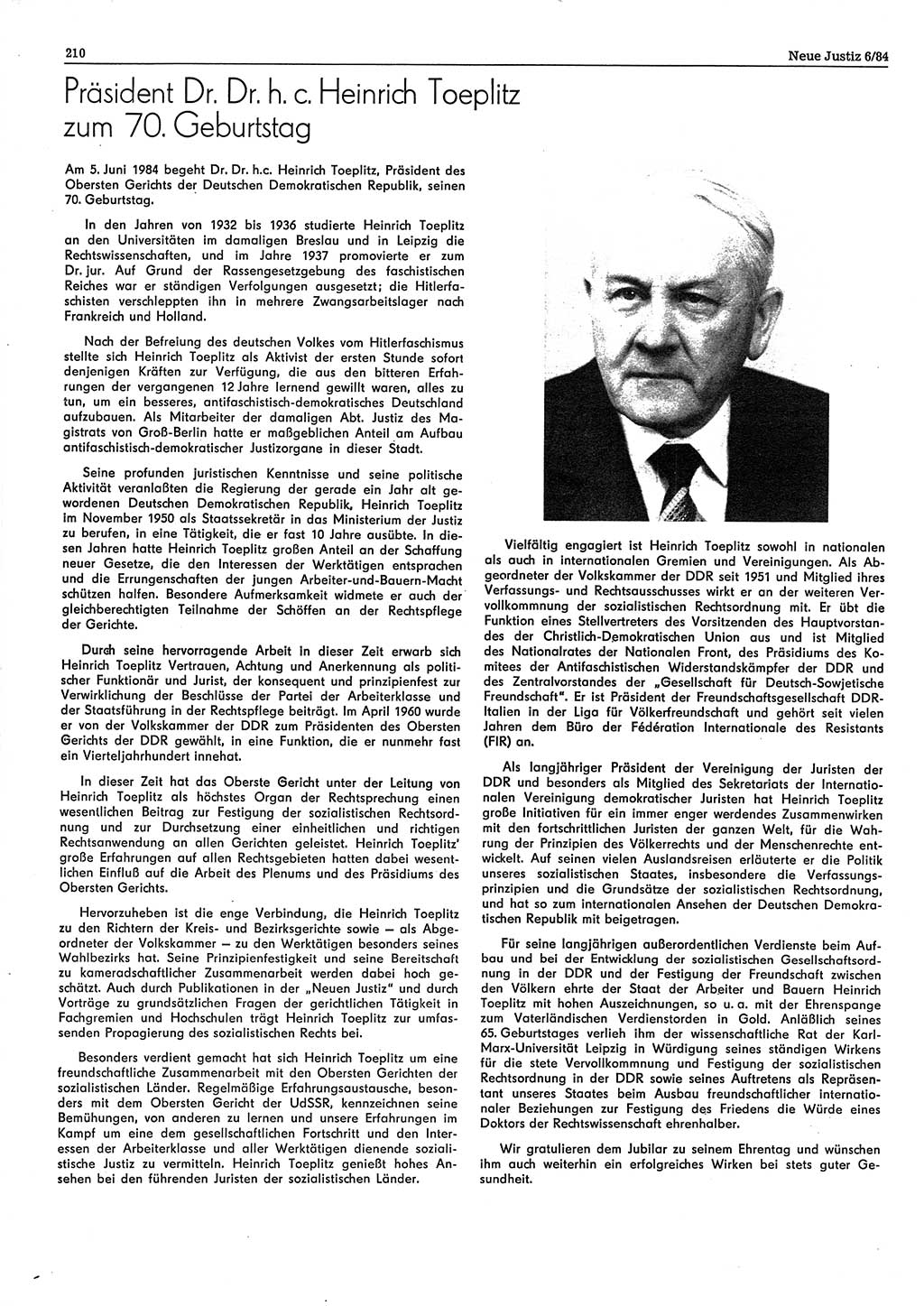 Neue Justiz (NJ), Zeitschrift für sozialistisches Recht und Gesetzlichkeit [Deutsche Demokratische Republik (DDR)], 38. Jahrgang 1984, Seite 210 (NJ DDR 1984, S. 210)