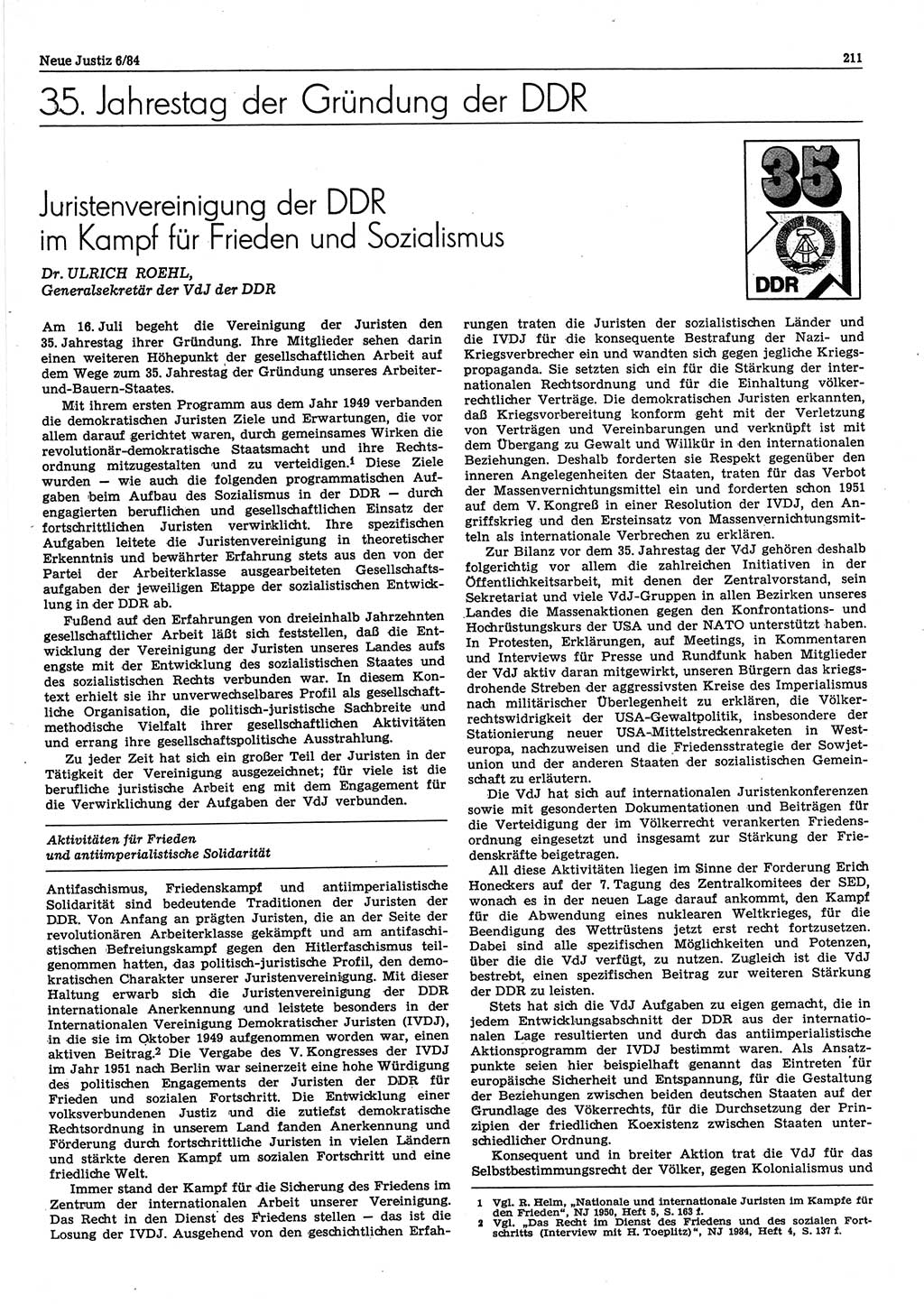 Neue Justiz (NJ), Zeitschrift für sozialistisches Recht und Gesetzlichkeit [Deutsche Demokratische Republik (DDR)], 38. Jahrgang 1984, Seite 211 (NJ DDR 1984, S. 211)