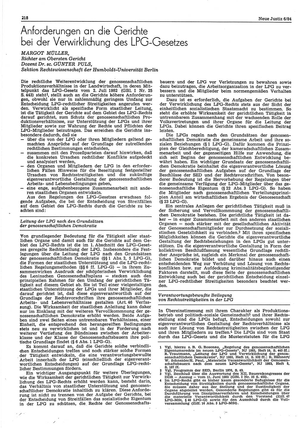 Neue Justiz (NJ), Zeitschrift für sozialistisches Recht und Gesetzlichkeit [Deutsche Demokratische Republik (DDR)], 38. Jahrgang 1984, Seite 218 (NJ DDR 1984, S. 218)