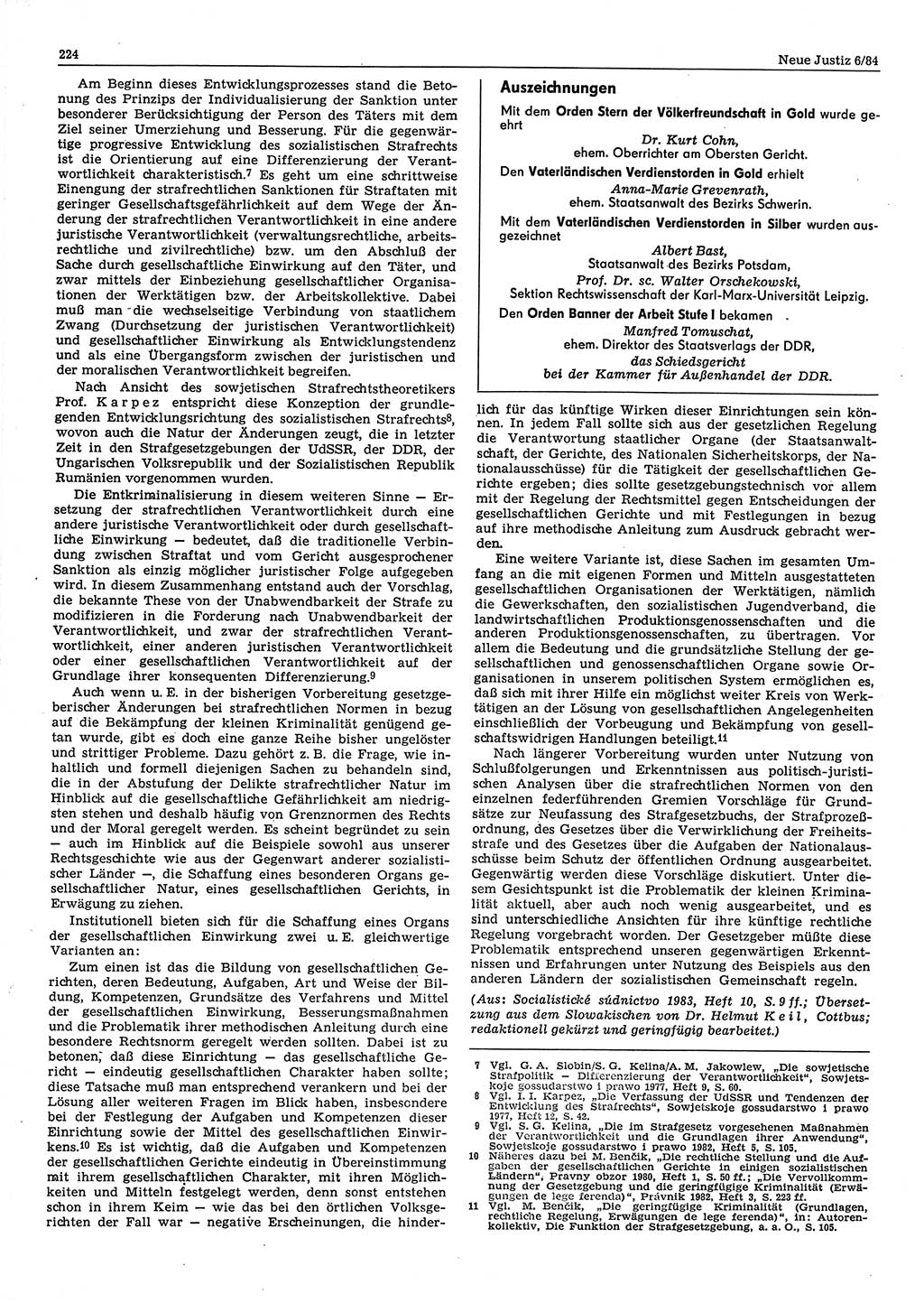 Neue Justiz (NJ), Zeitschrift für sozialistisches Recht und Gesetzlichkeit [Deutsche Demokratische Republik (DDR)], 38. Jahrgang 1984, Seite 224 (NJ DDR 1984, S. 224)
