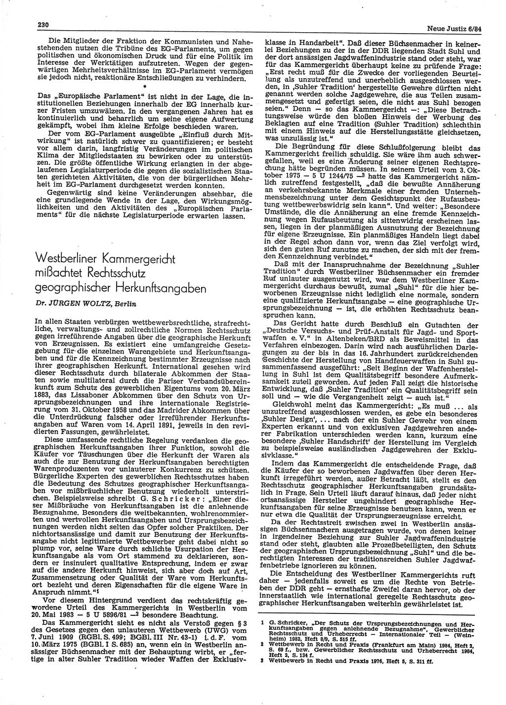 Neue Justiz (NJ), Zeitschrift für sozialistisches Recht und Gesetzlichkeit [Deutsche Demokratische Republik (DDR)], 38. Jahrgang 1984, Seite 230 (NJ DDR 1984, S. 230)