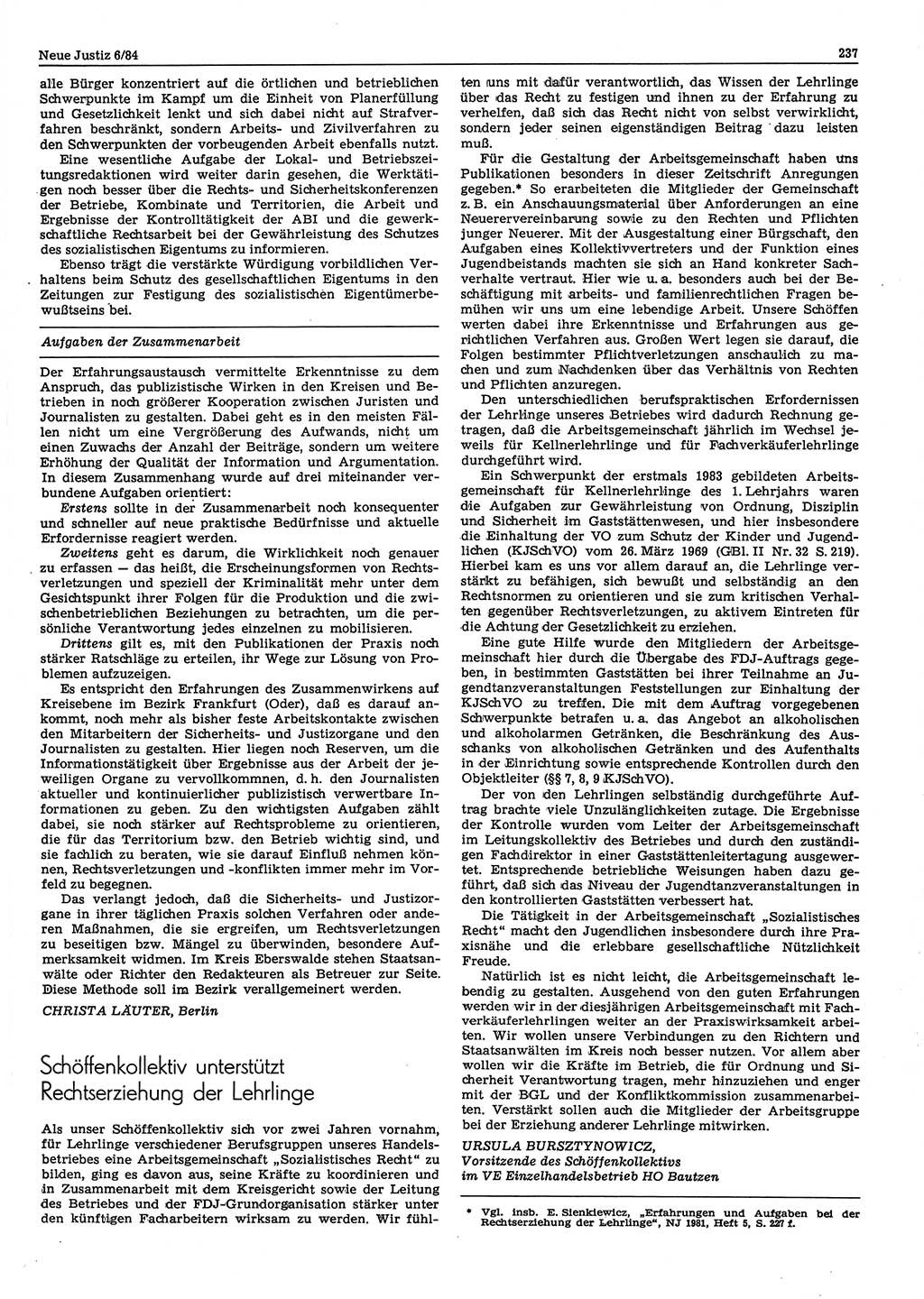 Neue Justiz (NJ), Zeitschrift für sozialistisches Recht und Gesetzlichkeit [Deutsche Demokratische Republik (DDR)], 38. Jahrgang 1984, Seite 237 (NJ DDR 1984, S. 237)