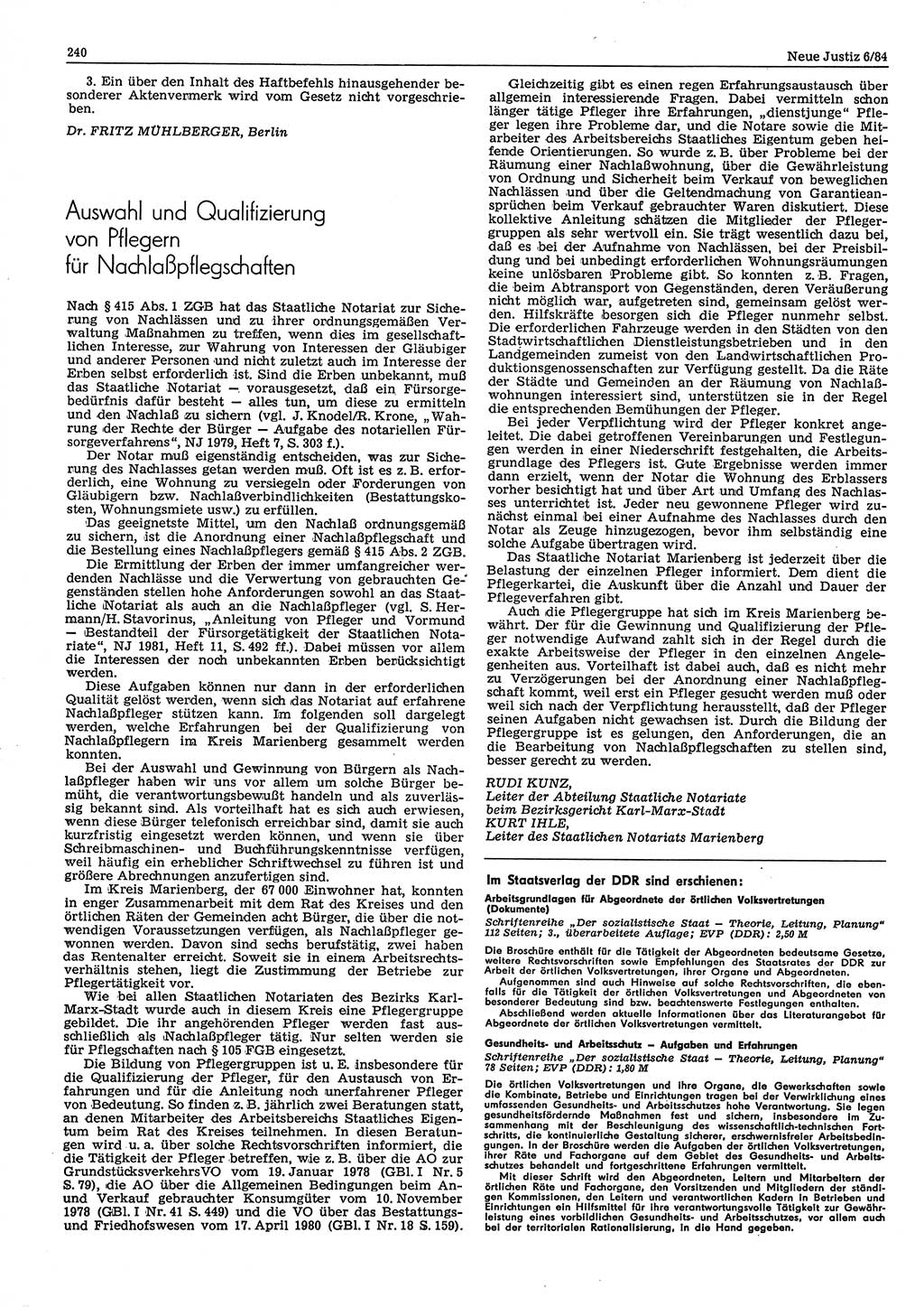 Neue Justiz (NJ), Zeitschrift für sozialistisches Recht und Gesetzlichkeit [Deutsche Demokratische Republik (DDR)], 38. Jahrgang 1984, Seite 240 (NJ DDR 1984, S. 240)