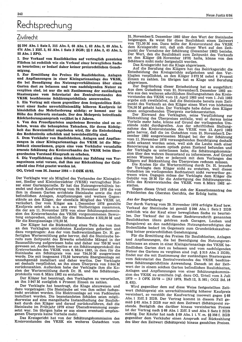 Neue Justiz (NJ), Zeitschrift für sozialistisches Recht und Gesetzlichkeit [Deutsche Demokratische Republik (DDR)], 38. Jahrgang 1984, Seite 242 (NJ DDR 1984, S. 242)