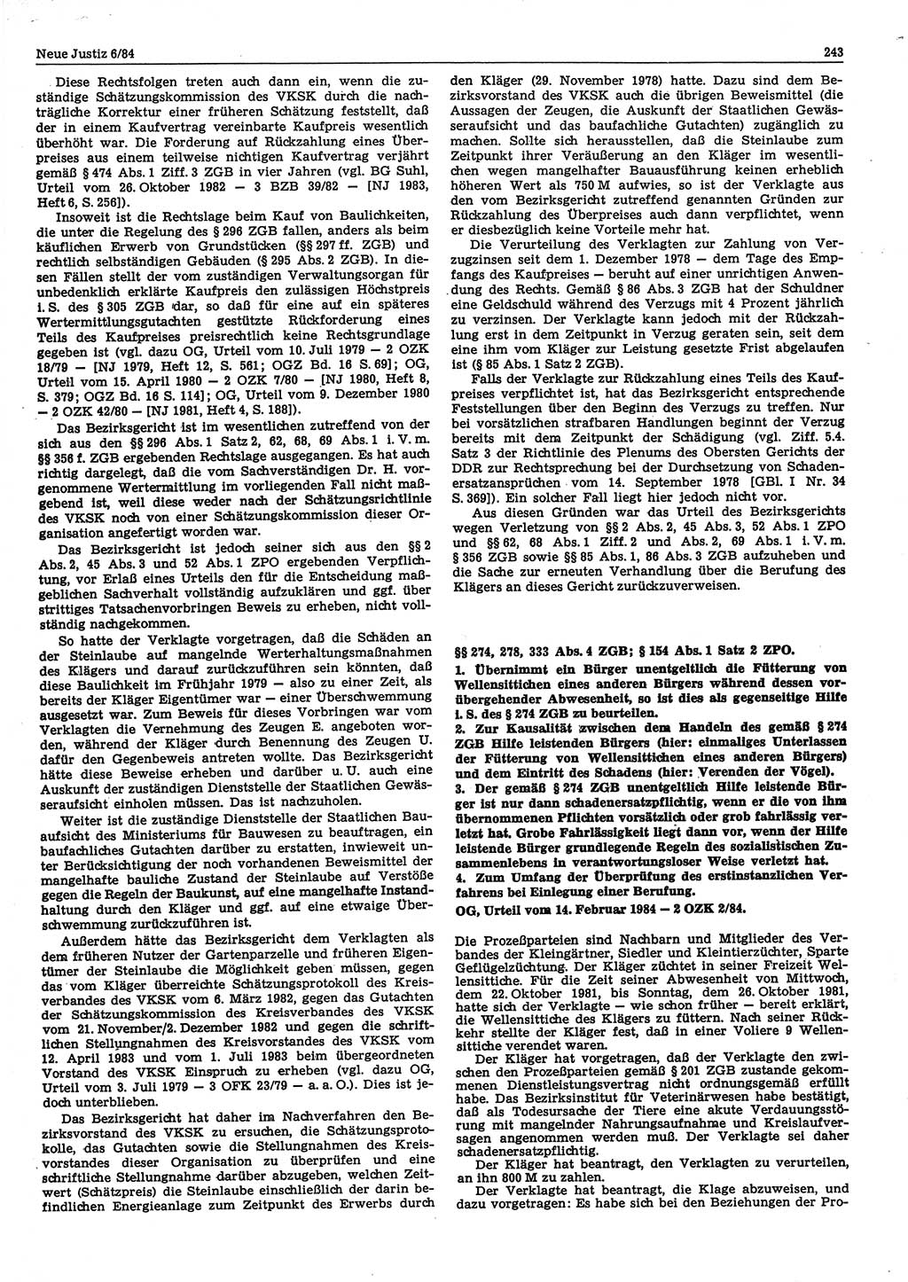 Neue Justiz (NJ), Zeitschrift für sozialistisches Recht und Gesetzlichkeit [Deutsche Demokratische Republik (DDR)], 38. Jahrgang 1984, Seite 243 (NJ DDR 1984, S. 243)