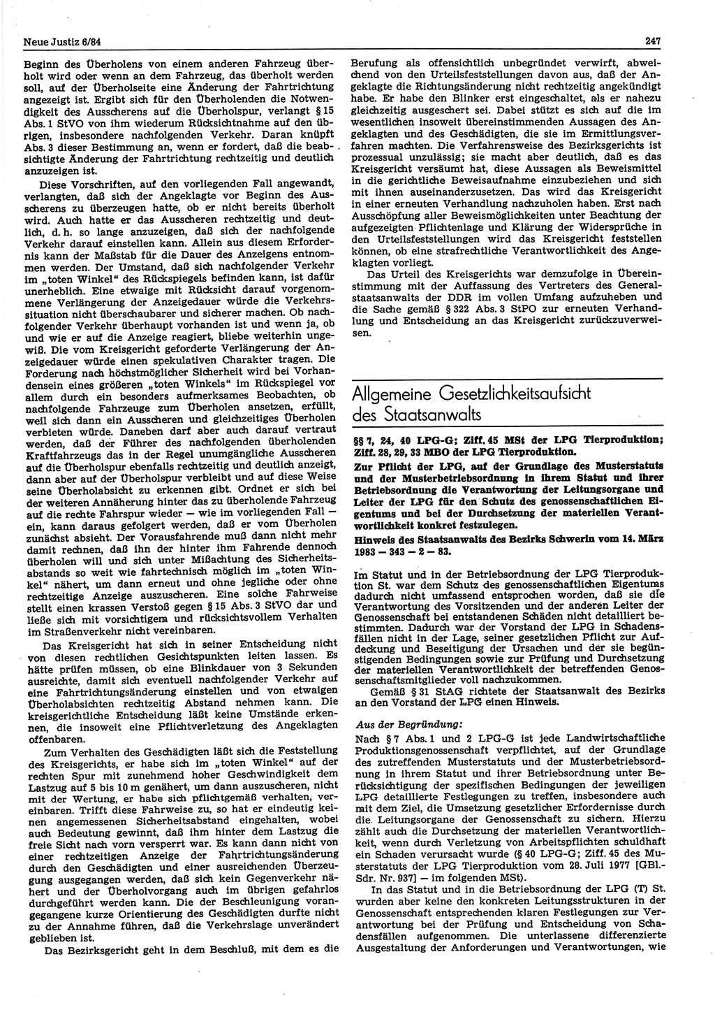 Neue Justiz (NJ), Zeitschrift für sozialistisches Recht und Gesetzlichkeit [Deutsche Demokratische Republik (DDR)], 38. Jahrgang 1984, Seite 247 (NJ DDR 1984, S. 247)