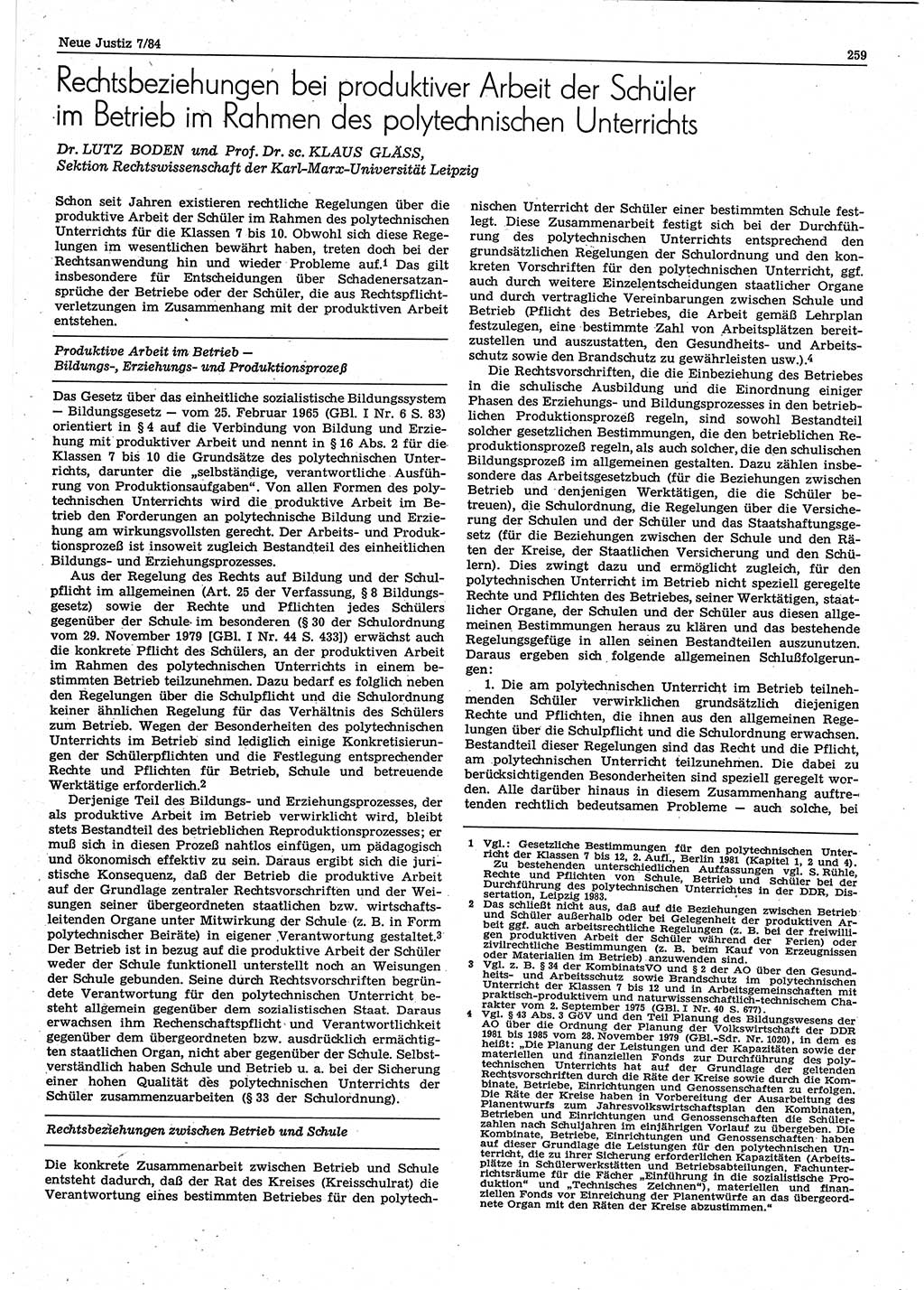 Neue Justiz (NJ), Zeitschrift für sozialistisches Recht und Gesetzlichkeit [Deutsche Demokratische Republik (DDR)], 38. Jahrgang 1984, Seite 259 (NJ DDR 1984, S. 259)